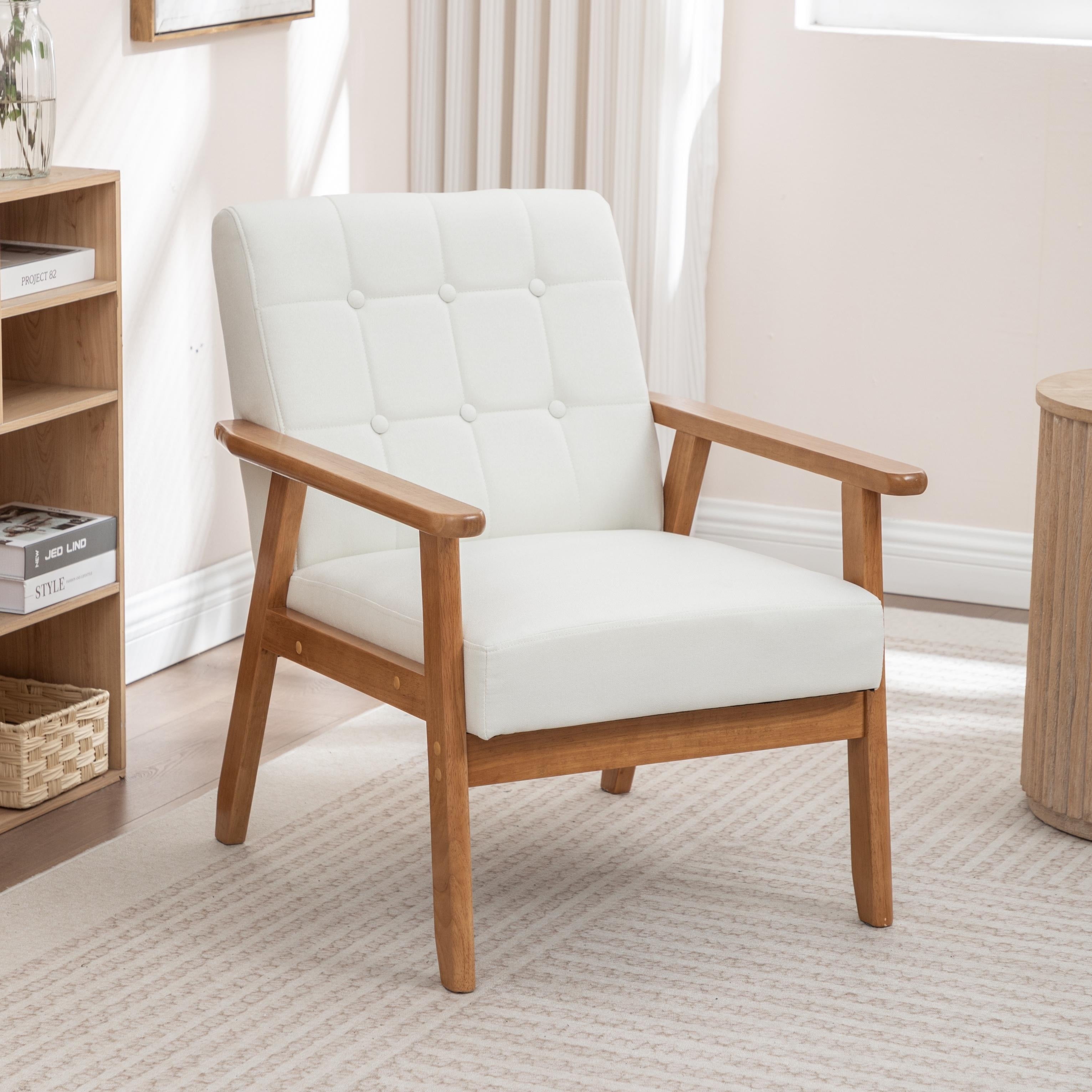 Seynar Mid Century Linen Button Tufted Accent Chair With Solid Wood Frame