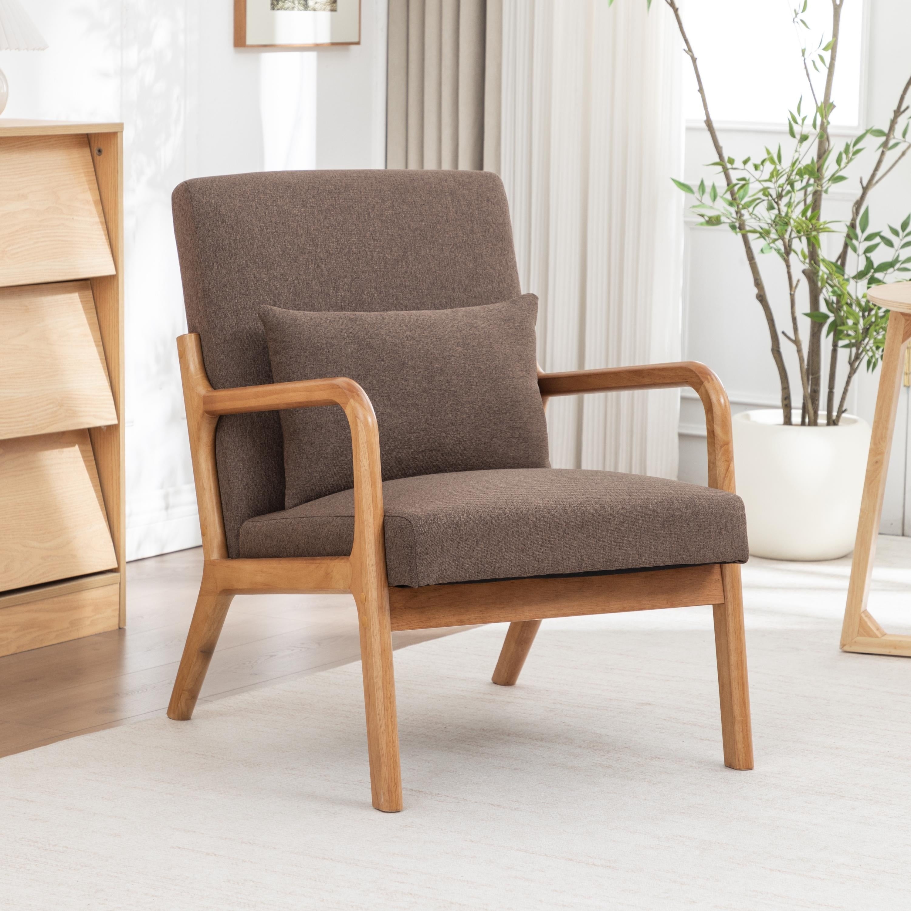 Seynar Mid Century Modern Linen Accent Chair With Solid Wood Frame