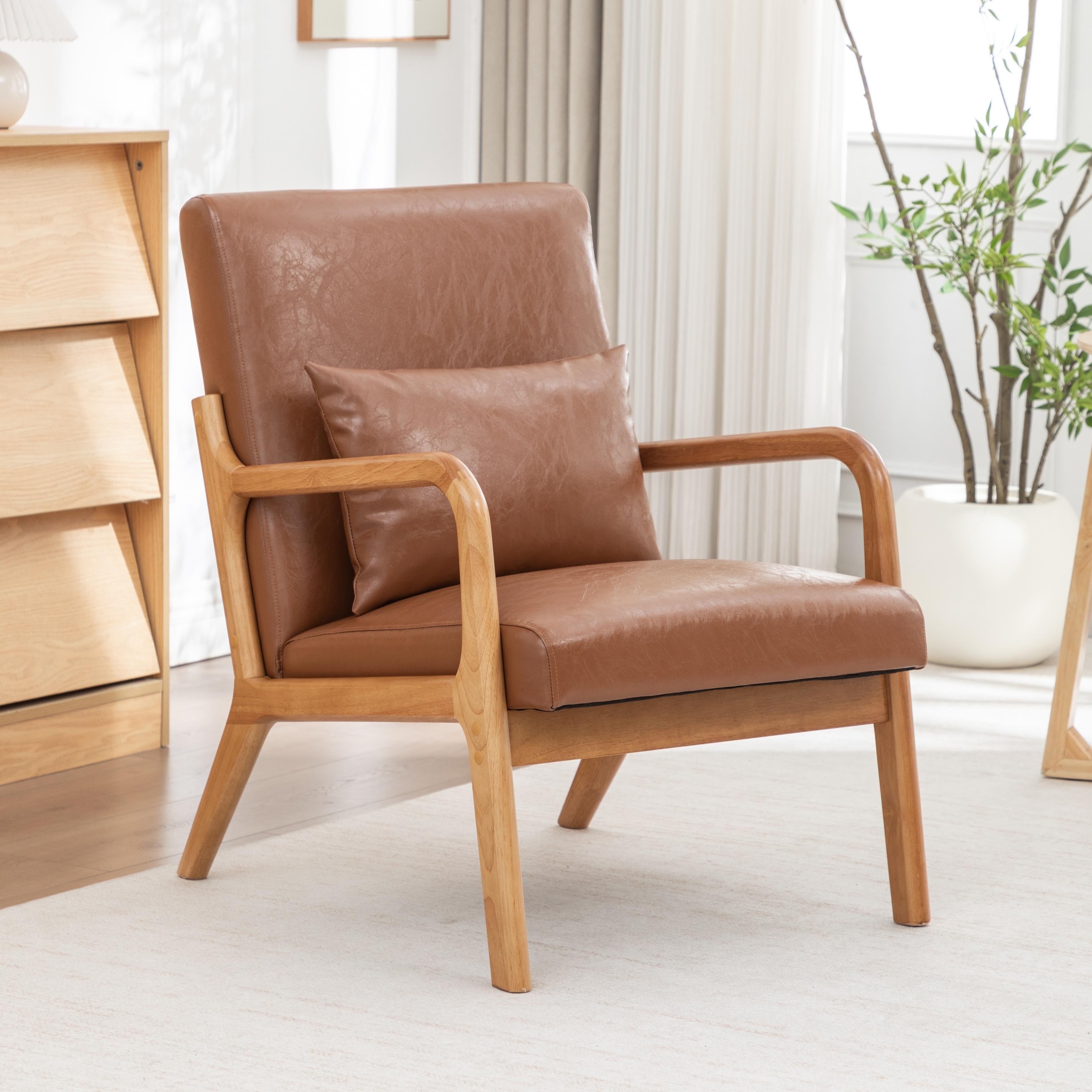 Seynar Mid Century Pu Leather Accent Chair With Lumbar Pillow