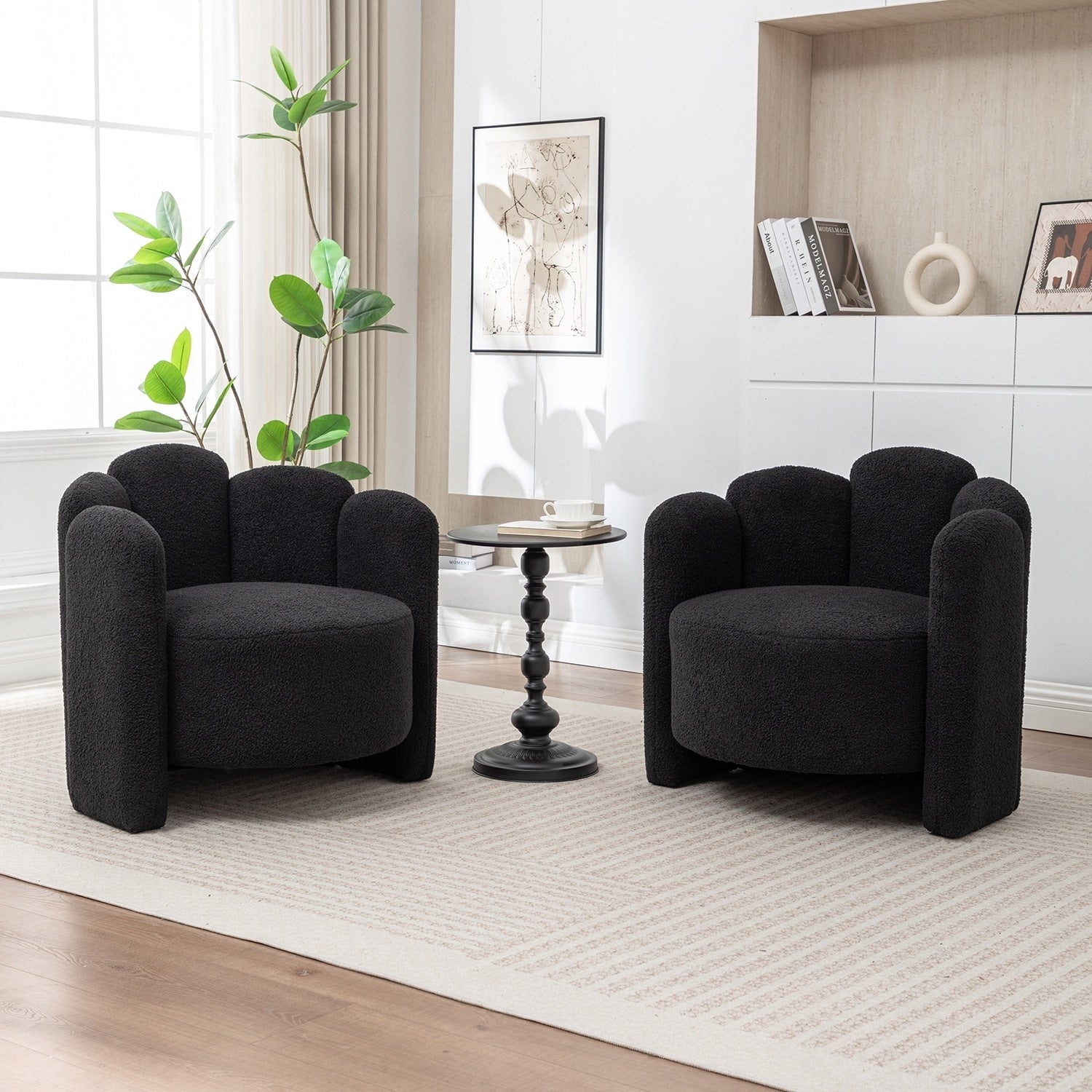 Seynar Modern Glam Teddy Fabric Upholstered Round Accent Chair With Flower Shaped Back Design Set Of 2