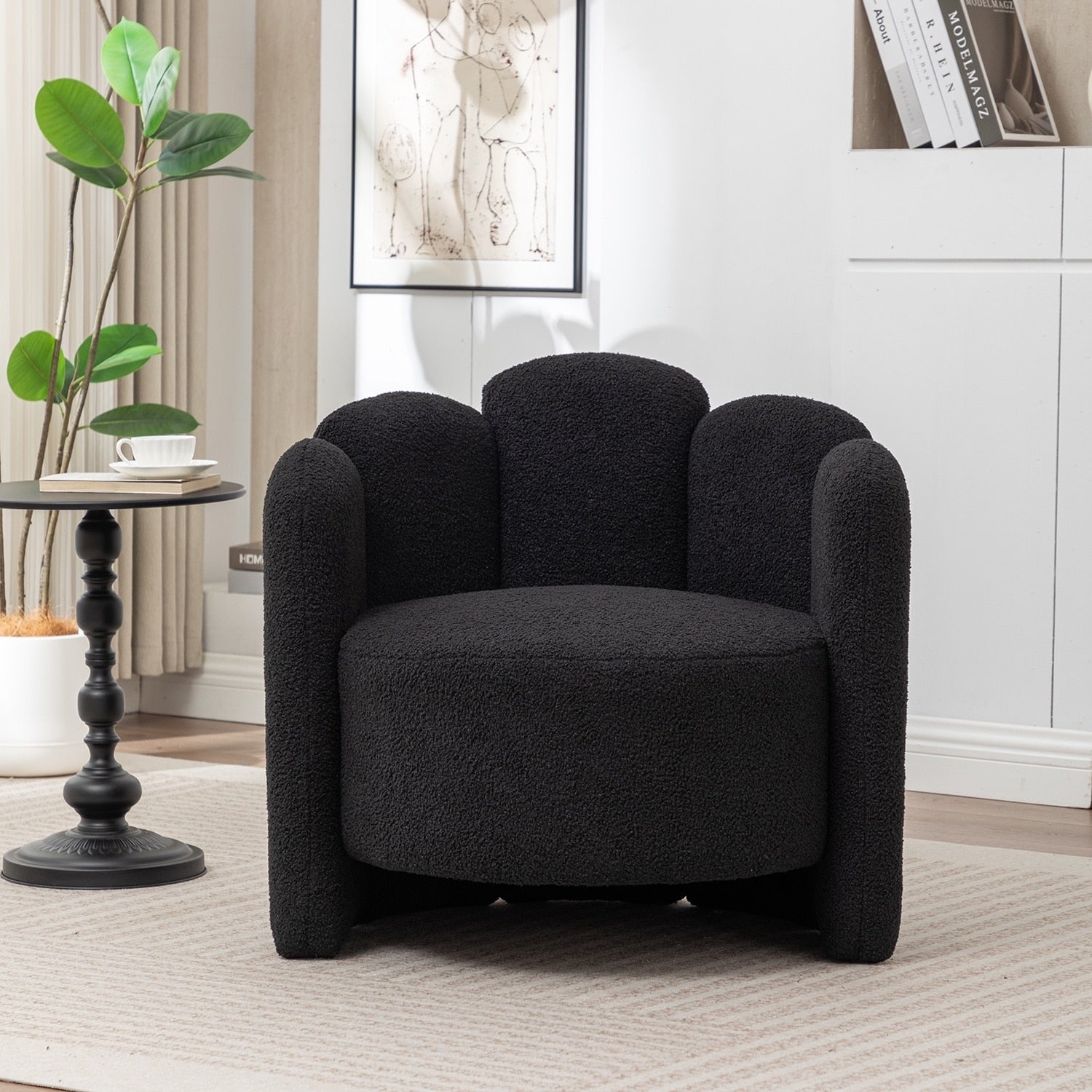 Seynar Modern Glam Teddy Fabric Upholstered Round Accent Chair With Flower Shaped Back Design