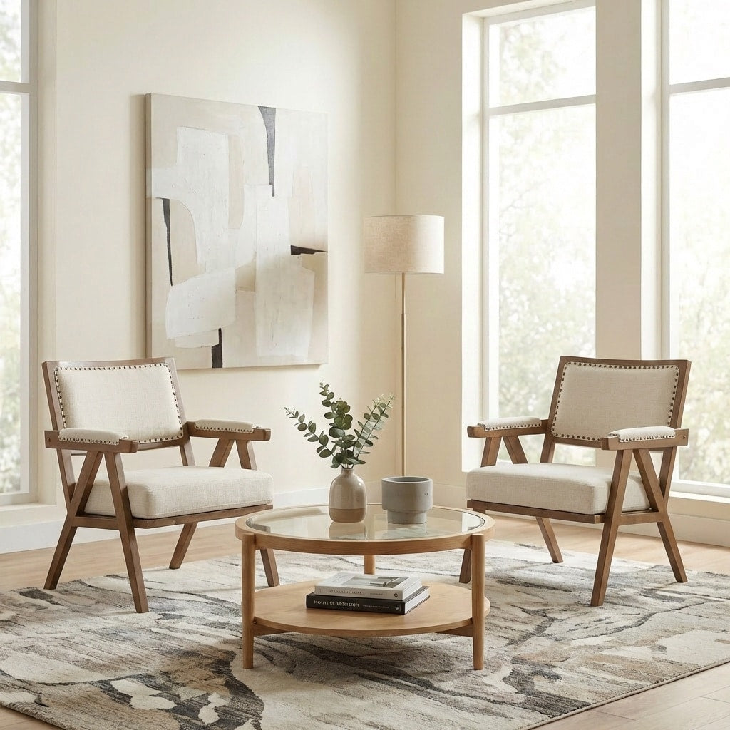 Seynar Rustic Mid Century Chenille Accent Chair Set Of 2 With Nailhead Trim And Wood Frame