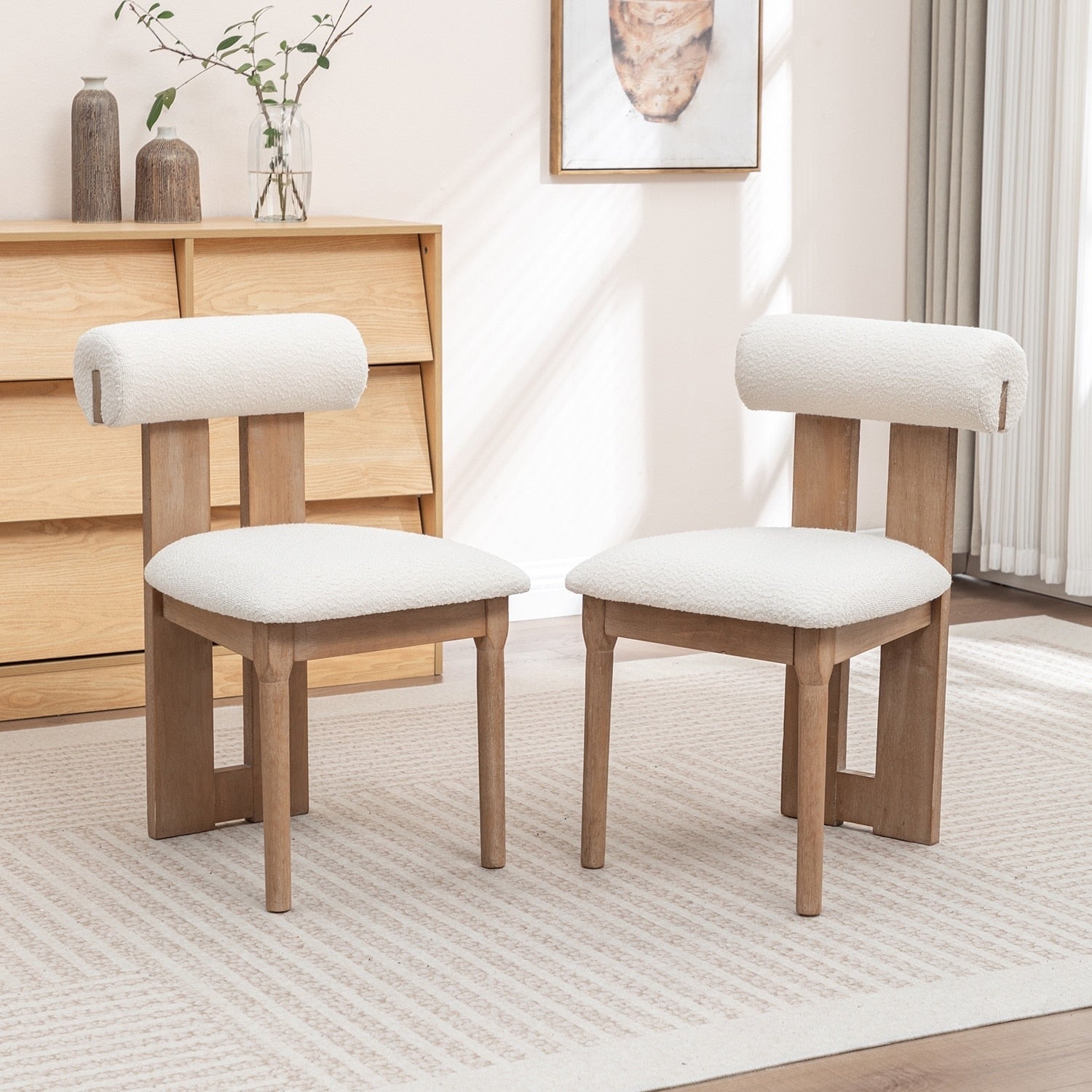 Seynar Set Of 2 Modern Linen Upholstered Dining Chairs With Bolster Backrest