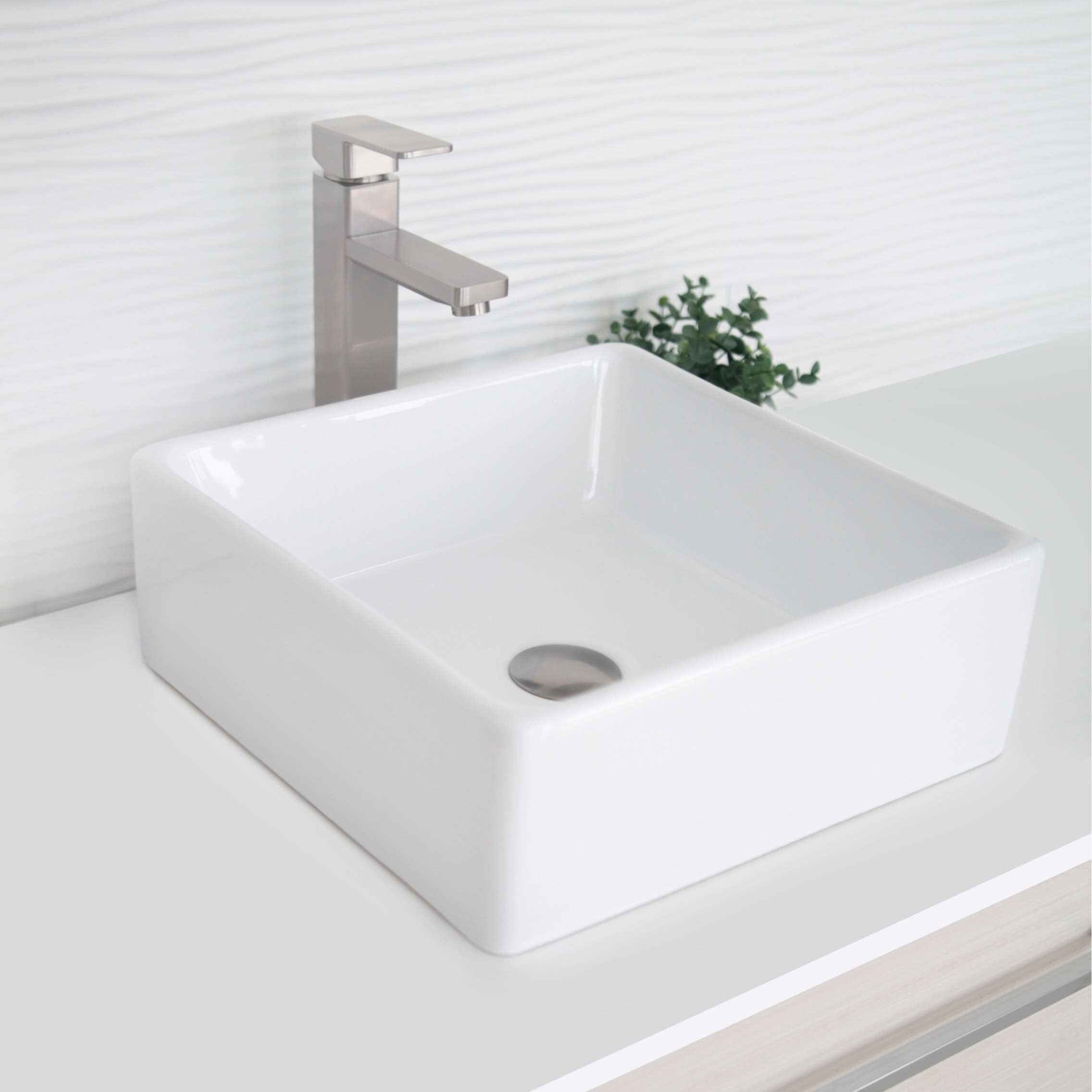 Porcelain Square 15 Inches Top Mounted Vessel Bathroom Sink 15 X 15 X 5.75