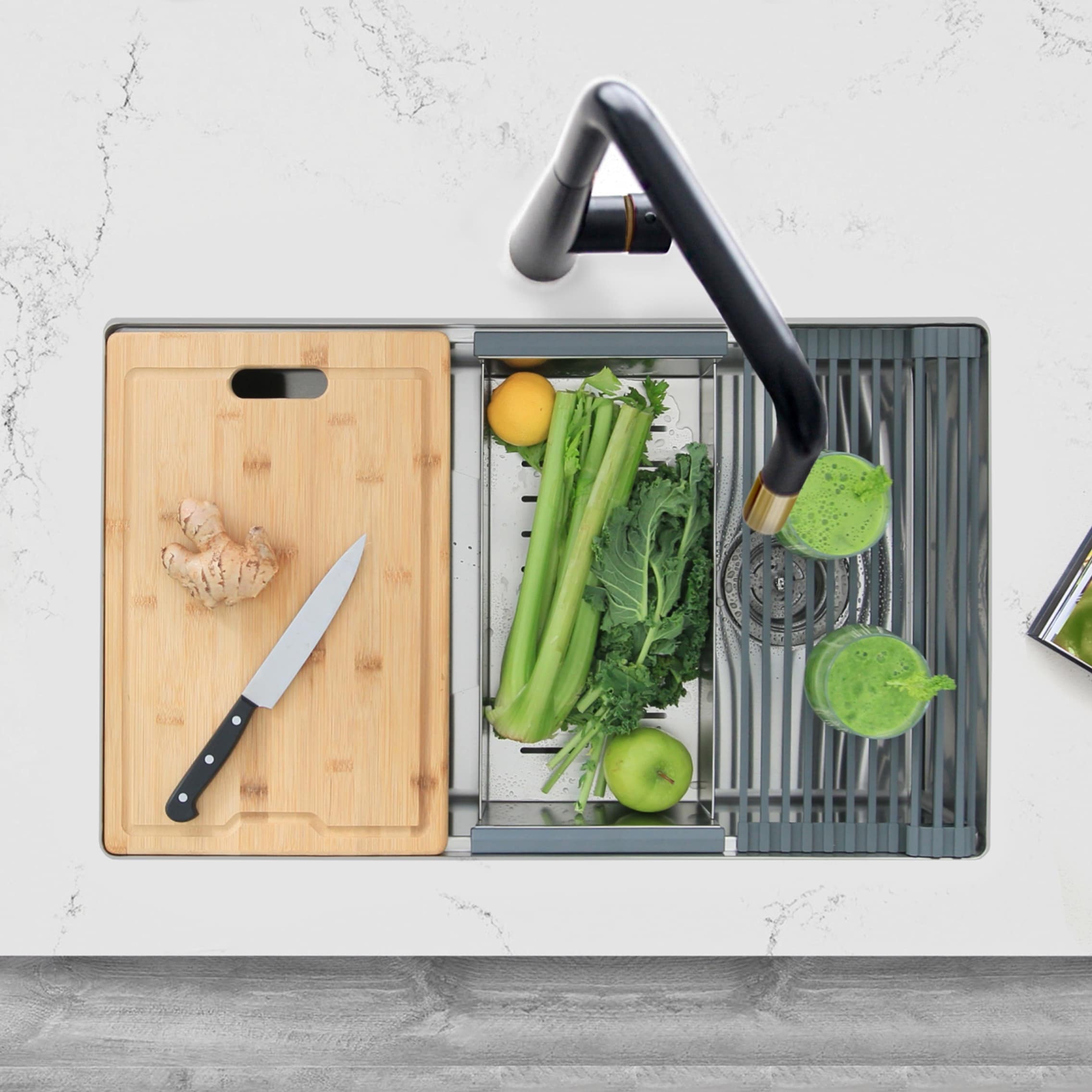 30 Undermount 16G Stainless Steel Kitchen Sink Grid Strainer Bamboo Cutting Board And Colander S 611Xgbc 30 X 19 X 10