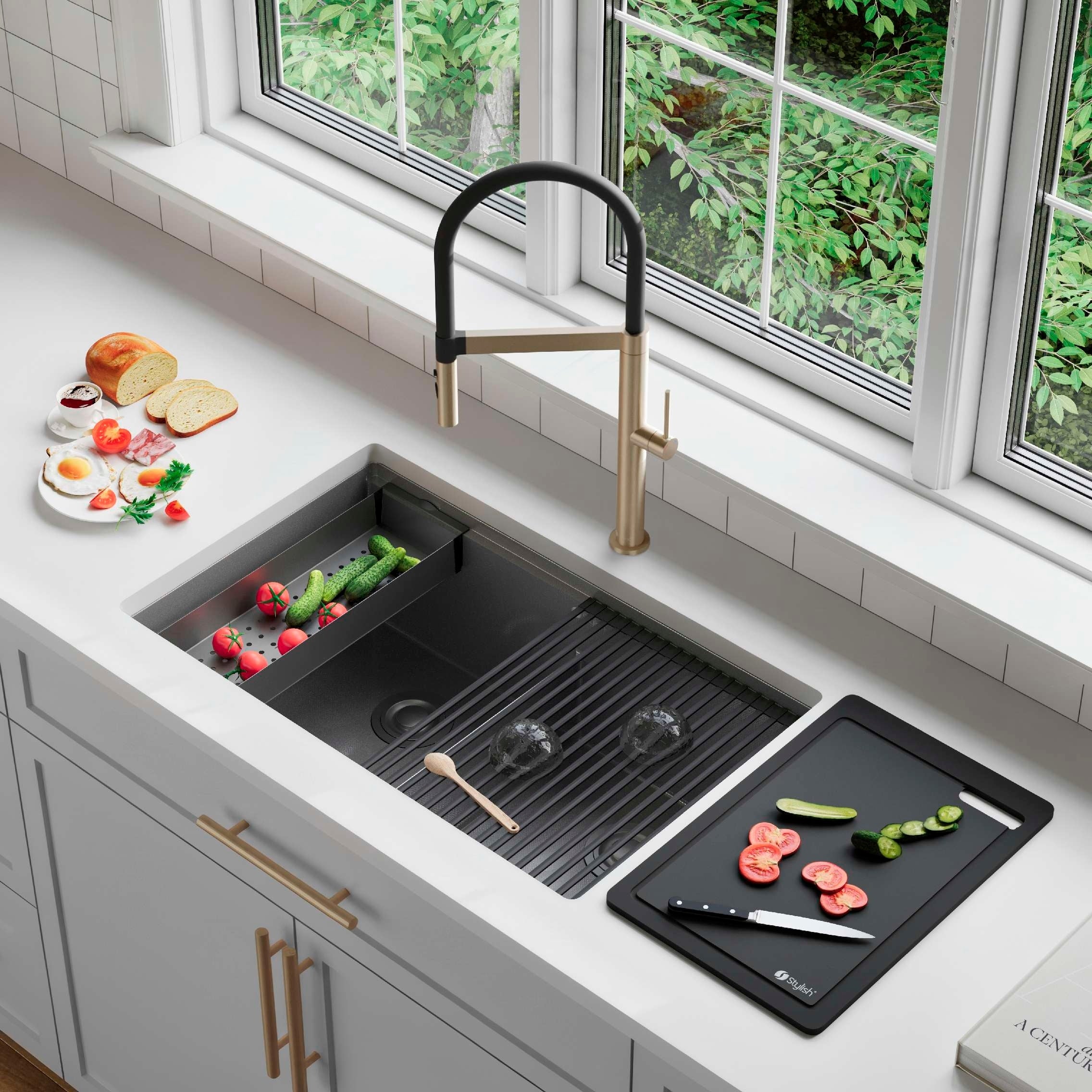 Undermount 32 Inch Workstation 50 50 Double Bowl Kitchen Sink With Dura Tek Finish And Accessories Handmade