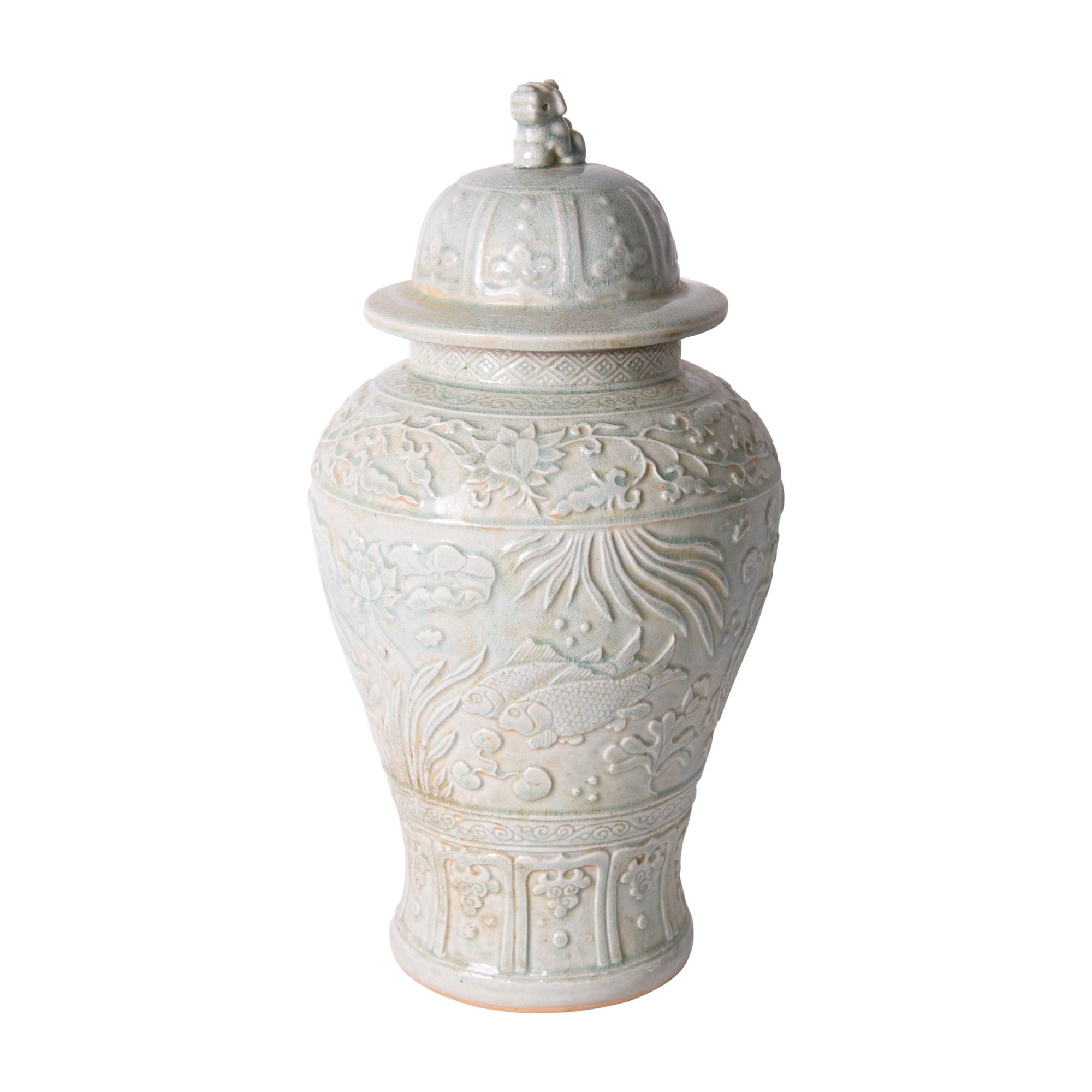 Sage Green Embossed Fish Temple Jar 12X12X21.5