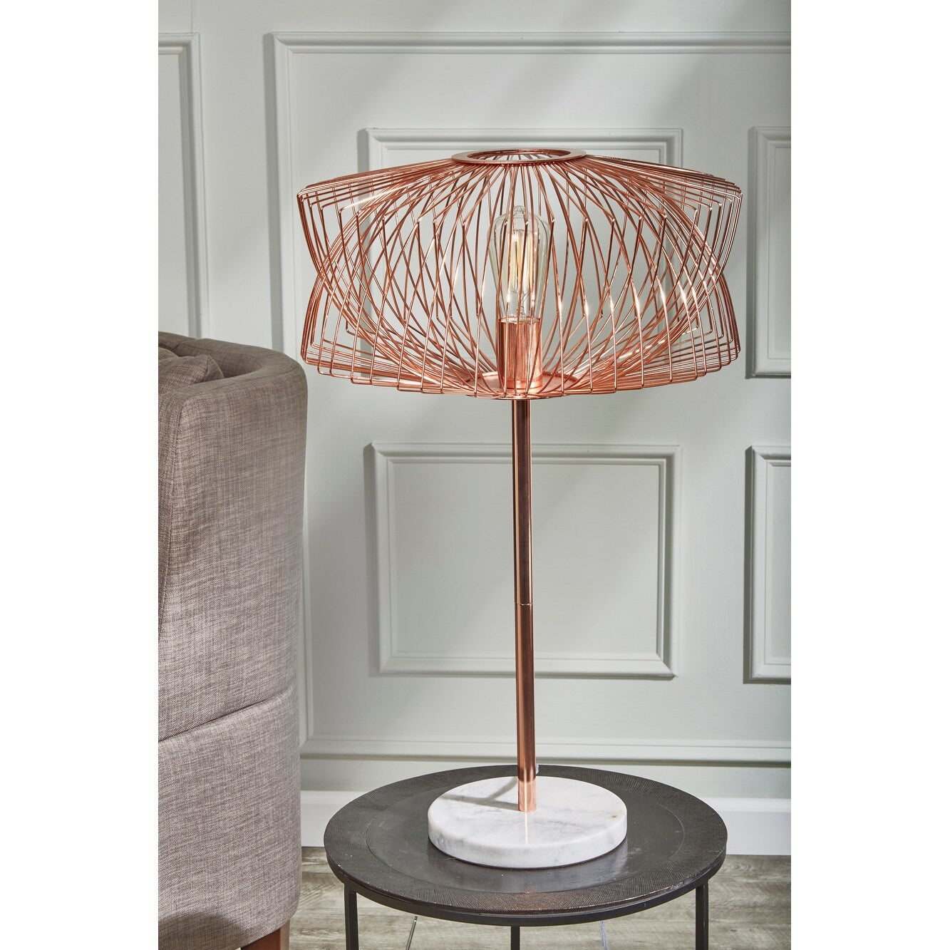 Metal 28 Table Lamp W Cage Shade Rose Gold