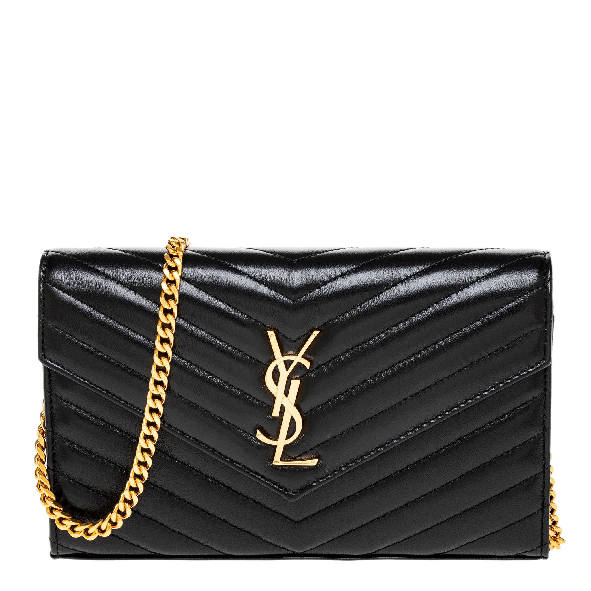 Saint Laurent Cassandre Envelope Chain Wallet In Grain De Poudre