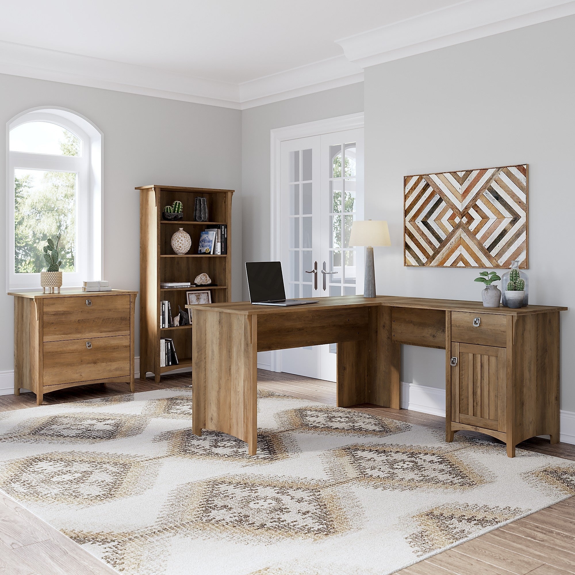 Salinas 60W L Desk With Cabinet And 5 Shelf Bookcase By Bush Furniture