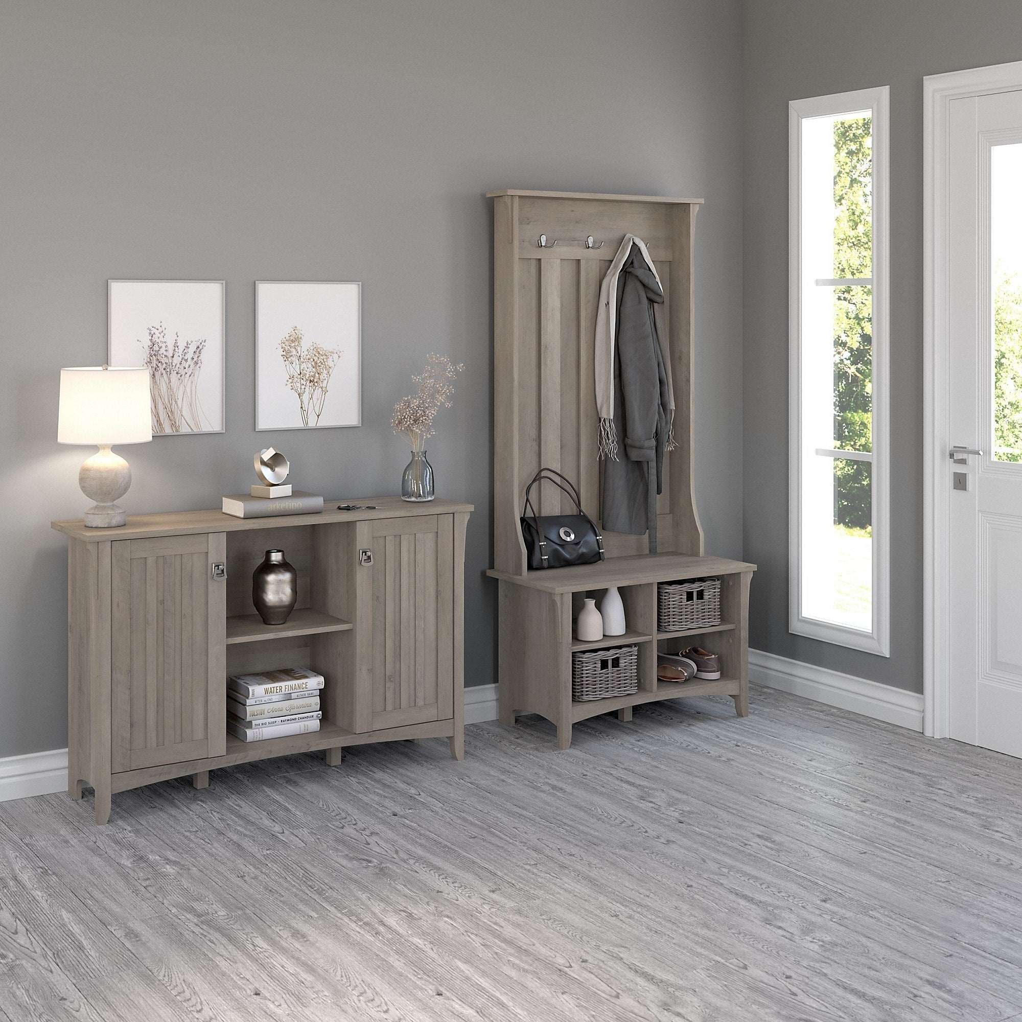 Salinas Entryway Storage Set With Hall Tree Shoe Bench And Accent Cabinet By Bush Furniture