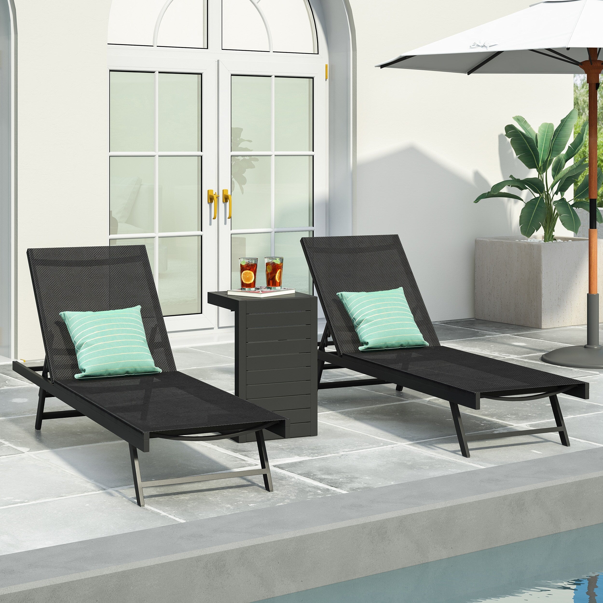 Salton Outdoor Aluminum Chaise Lounge Set With C Shaped End Table By Christopher Knight Home