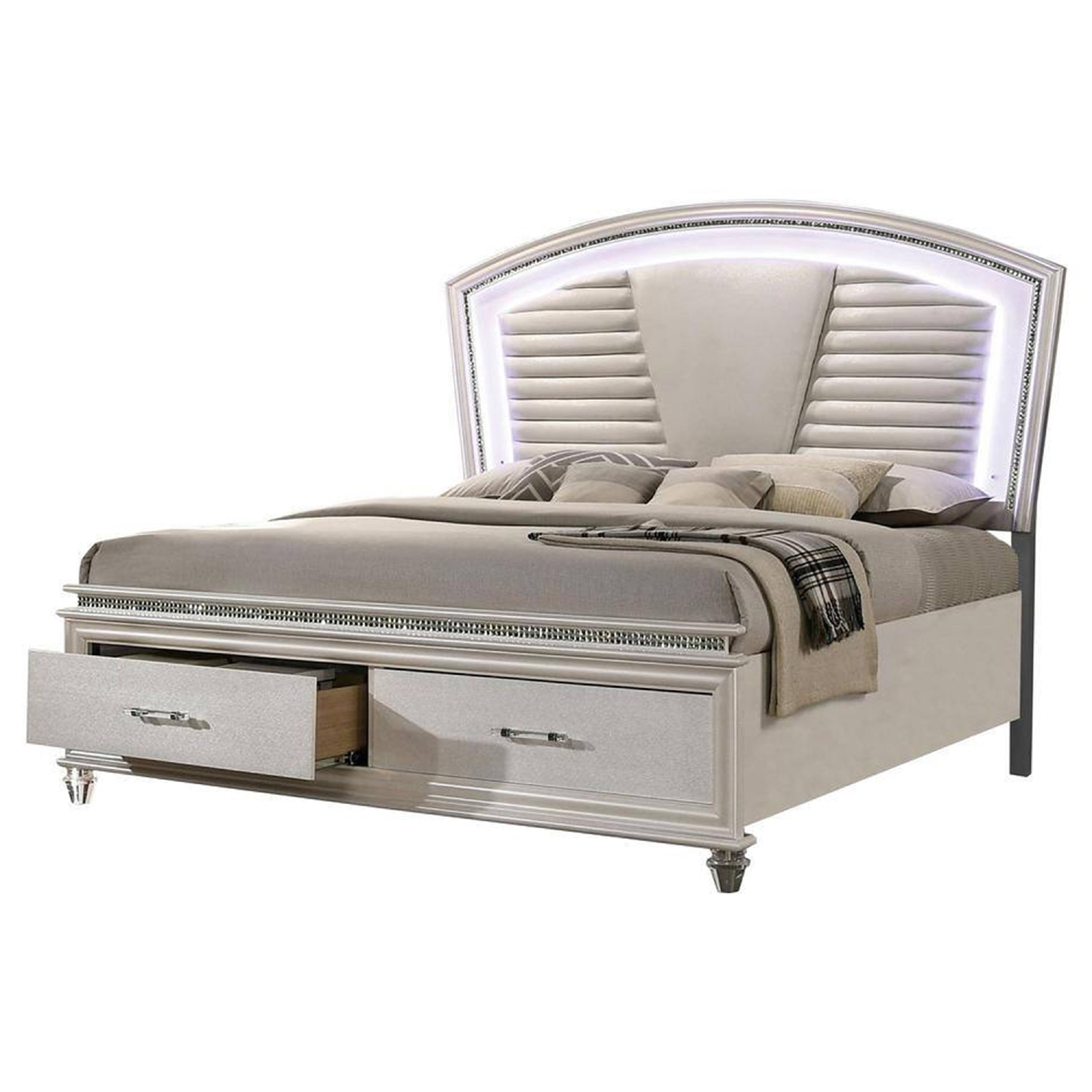 Sam California King Bed With Led Storage White Tufted Faux Leather