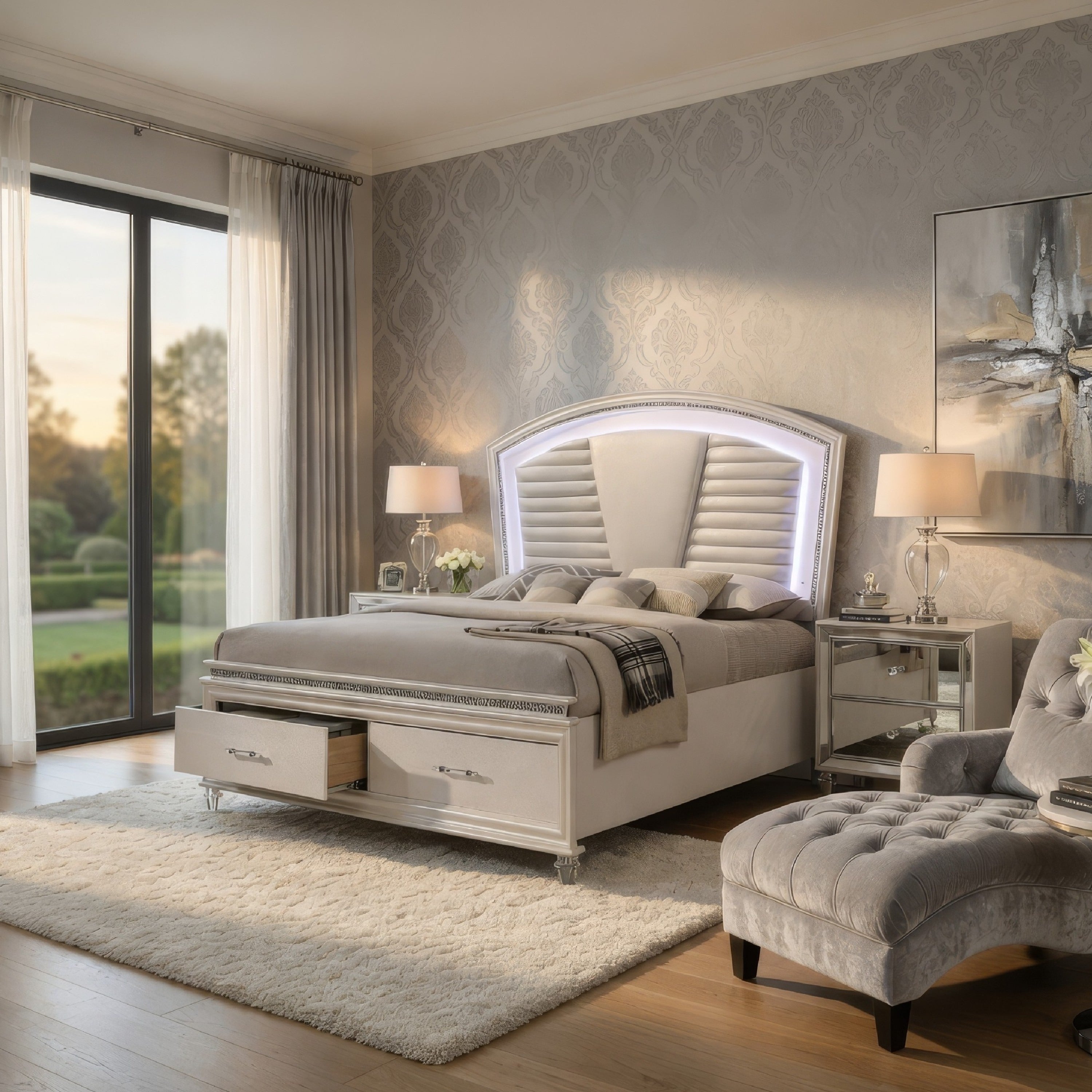 Sam King Bed With Led Lights Storage White Tufted Faux Leather