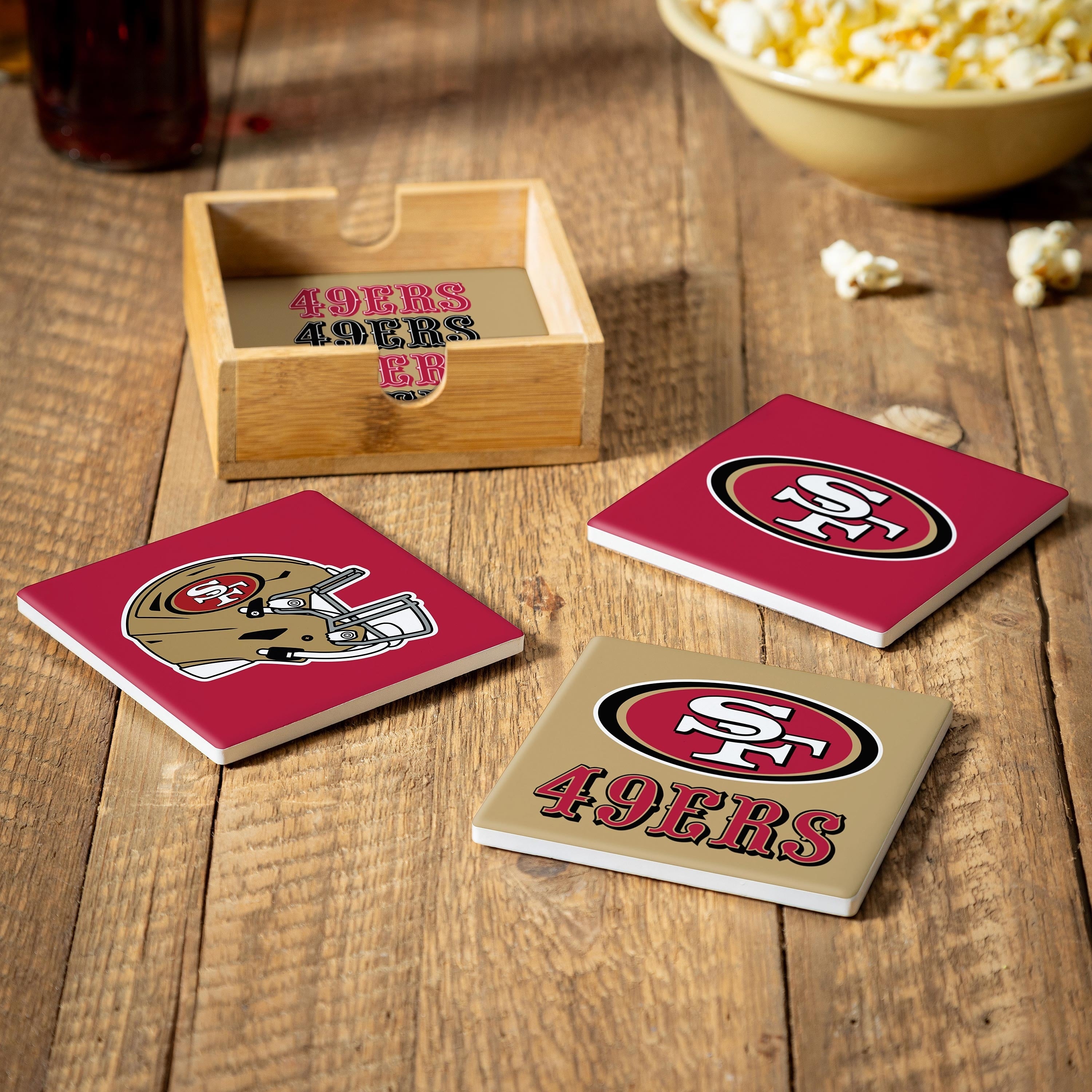 San Francisco 49Ers 4 Piece Ceramic Coasters Set With Wood Caddy