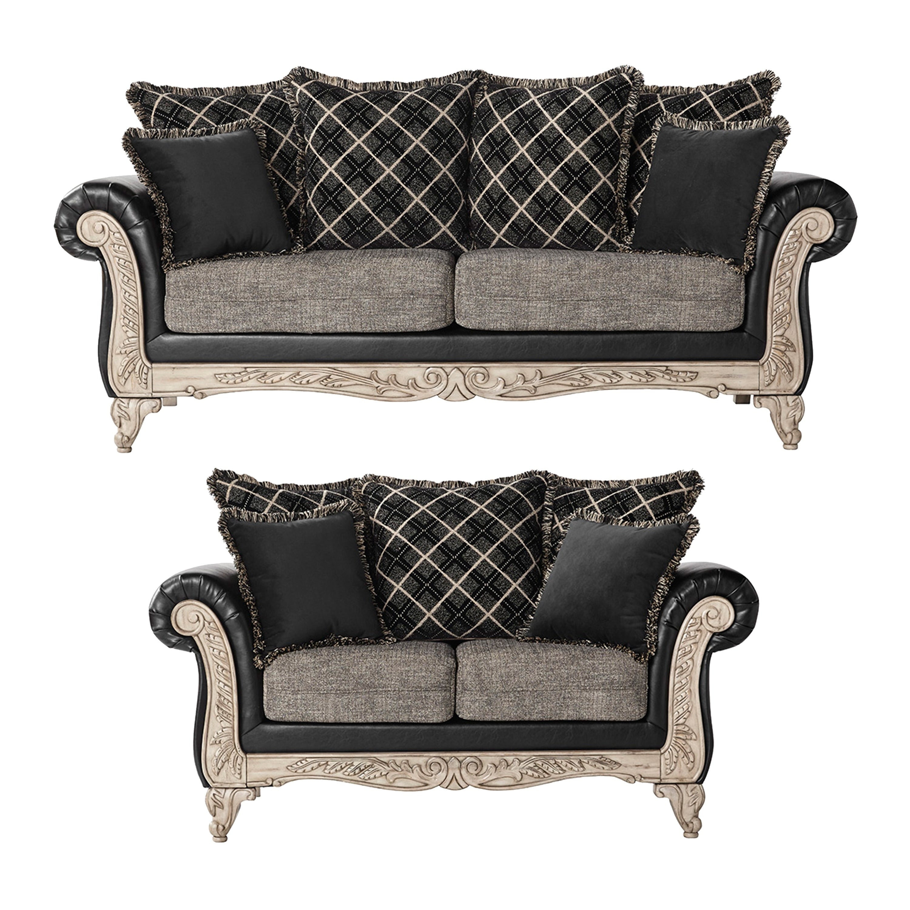 San Marino 2 Tone Fabric Wooden Frame Sofa And Loveseat Set In Ebony