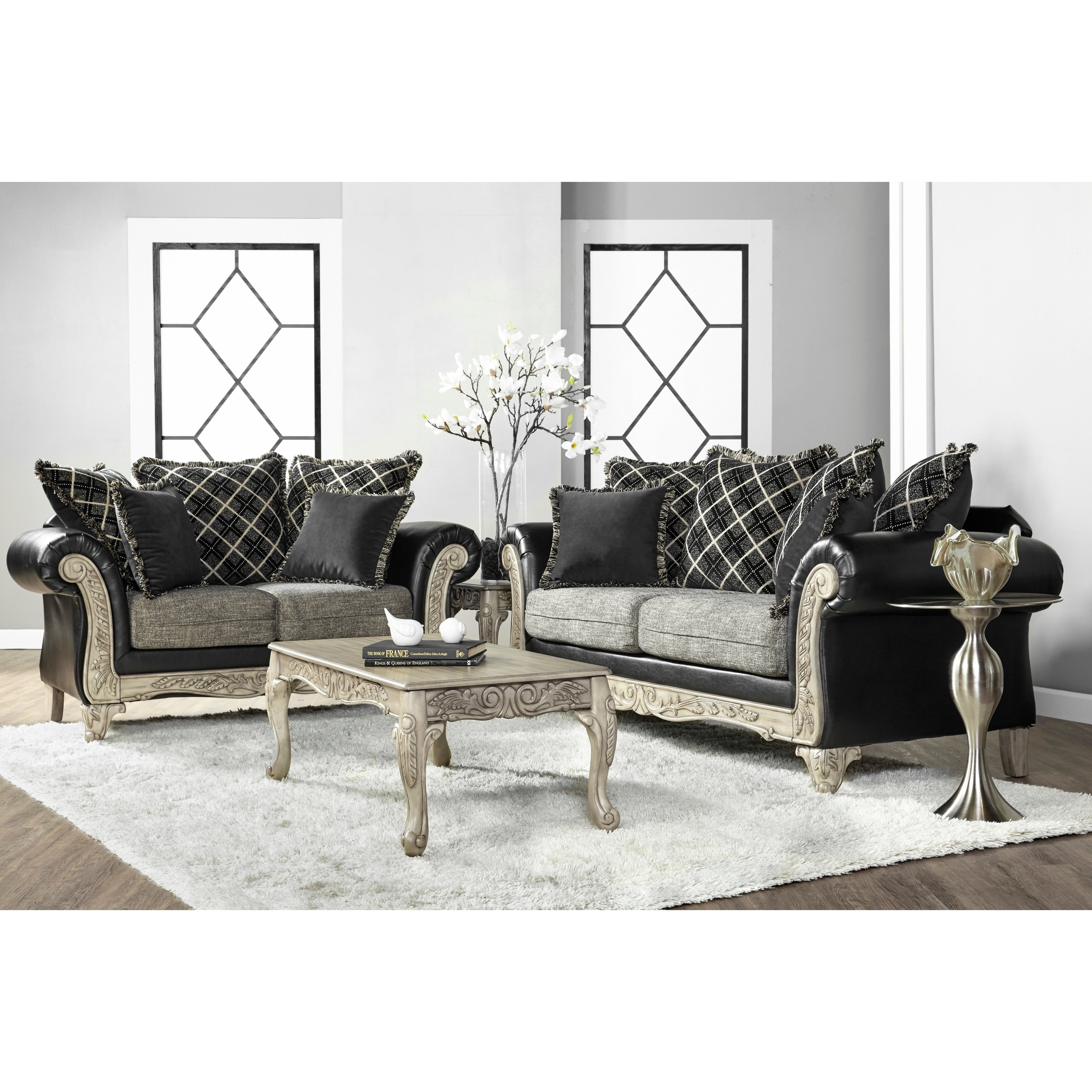 San Marino 2 Tone Fabric Wooden Frame Sofa And Loveseat With 3 Tables Set