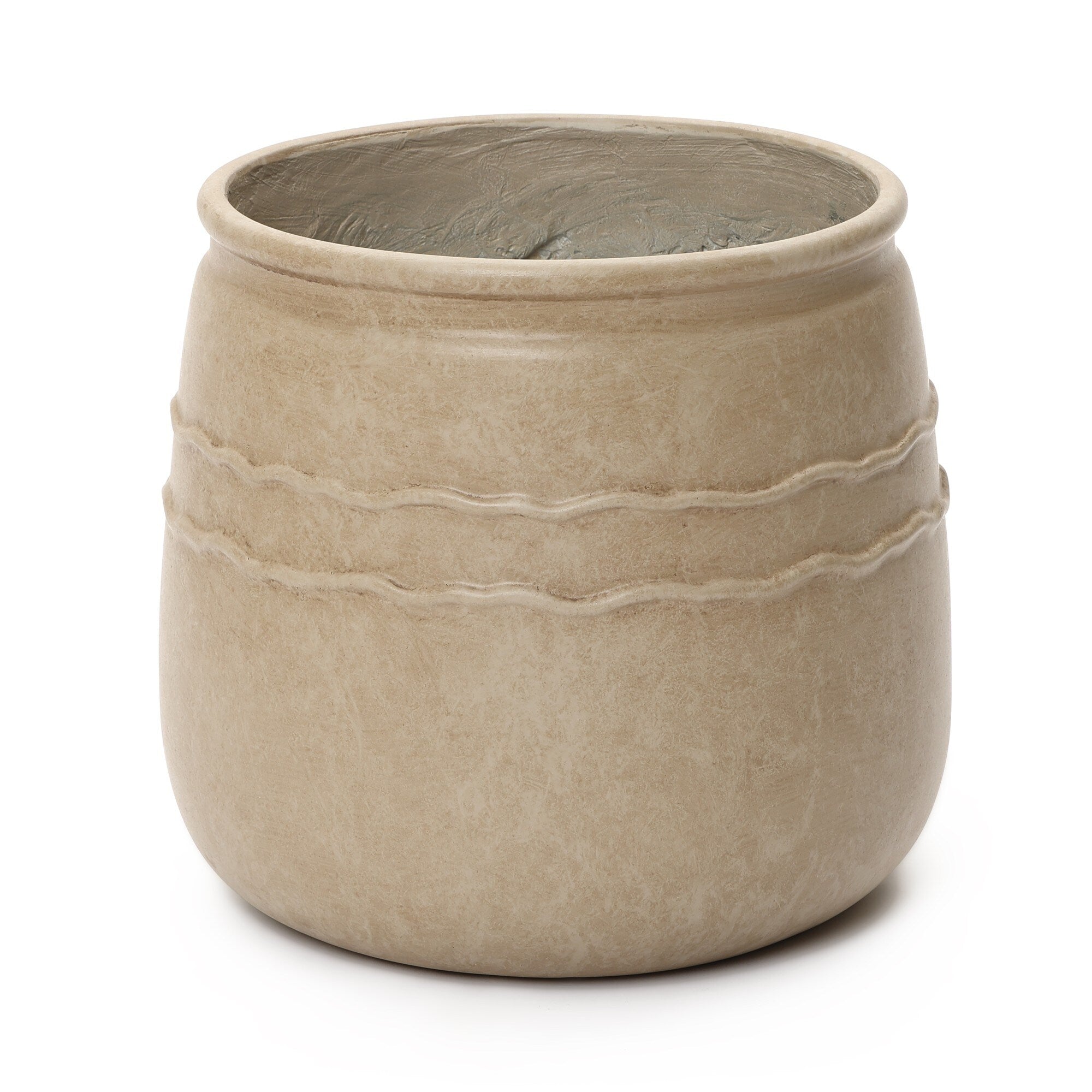 Sandstone Finish Fiber Clay Outdoor Planter With Wavy Ridges Garden Accent 12.6 H X 14.17 Diameter