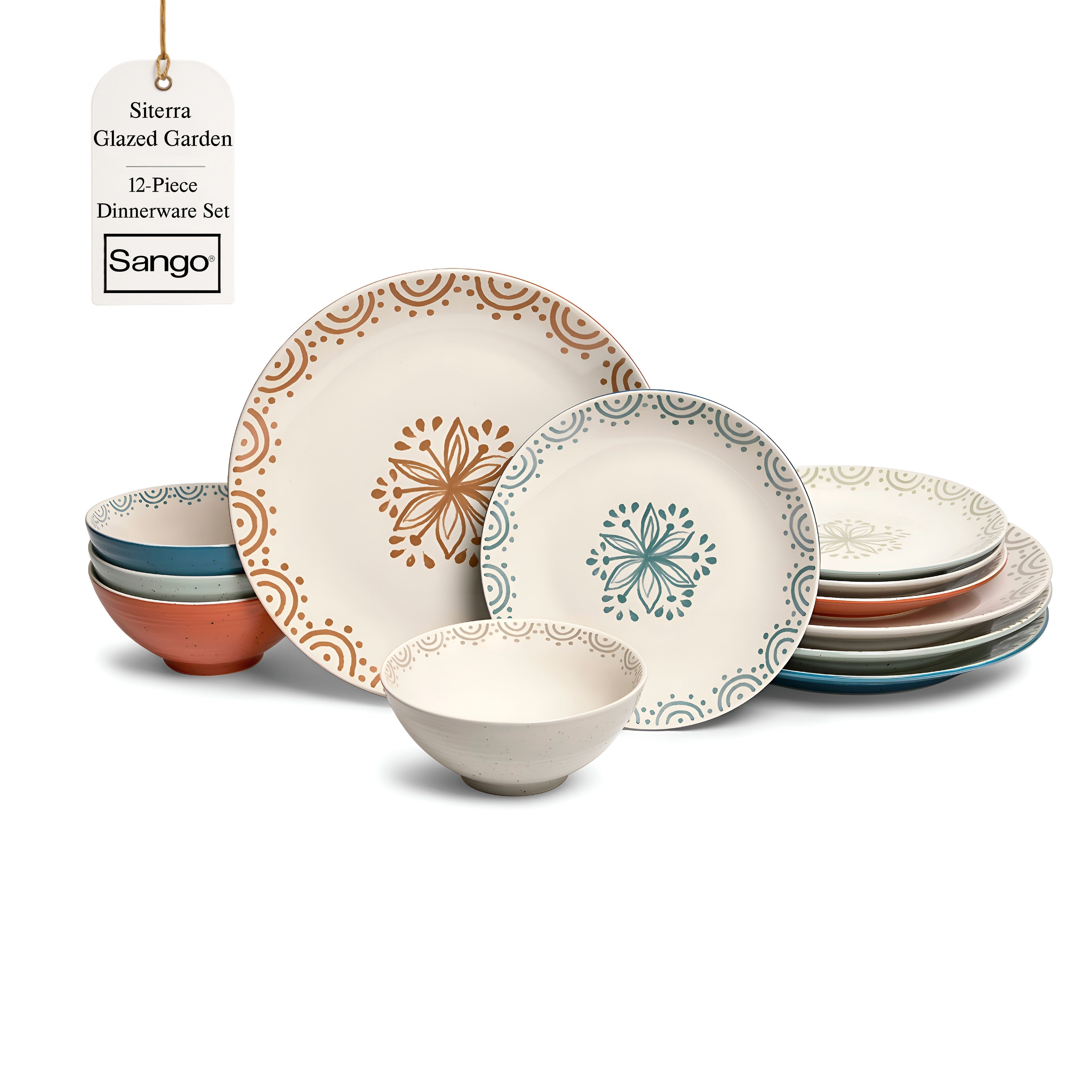 Sango Siterra Glazed Garden 12 Piece Speckled Stoneware Dinnerware Set For 4 Glossy Plates And Bowls Set With Floral Pattern
