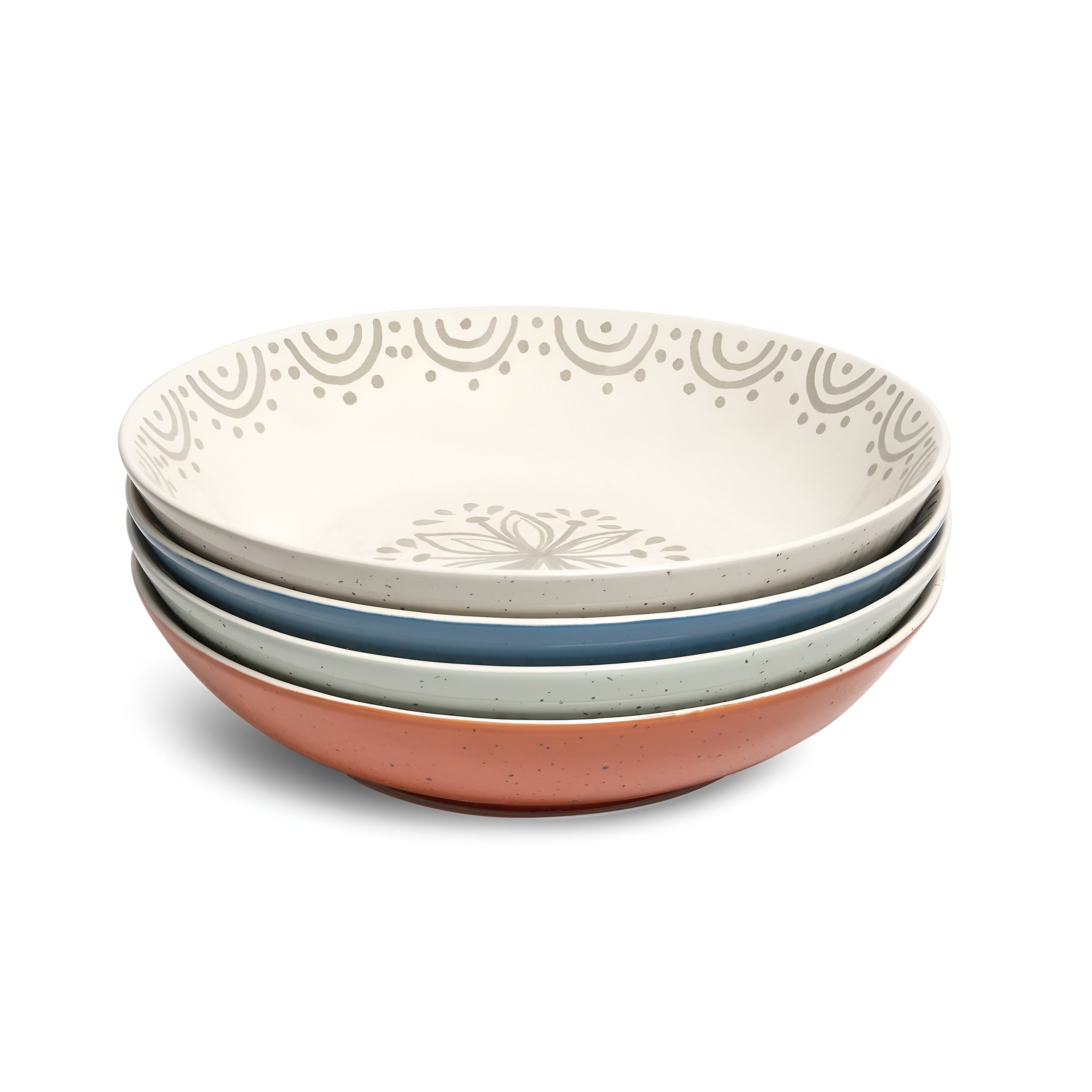 Sango Siterra Glazed Garden 4 Piece Speckled Stoneware Pasta Bowl Set Wide Shallow Dinner Bowls With Hand Painted Rustic Design