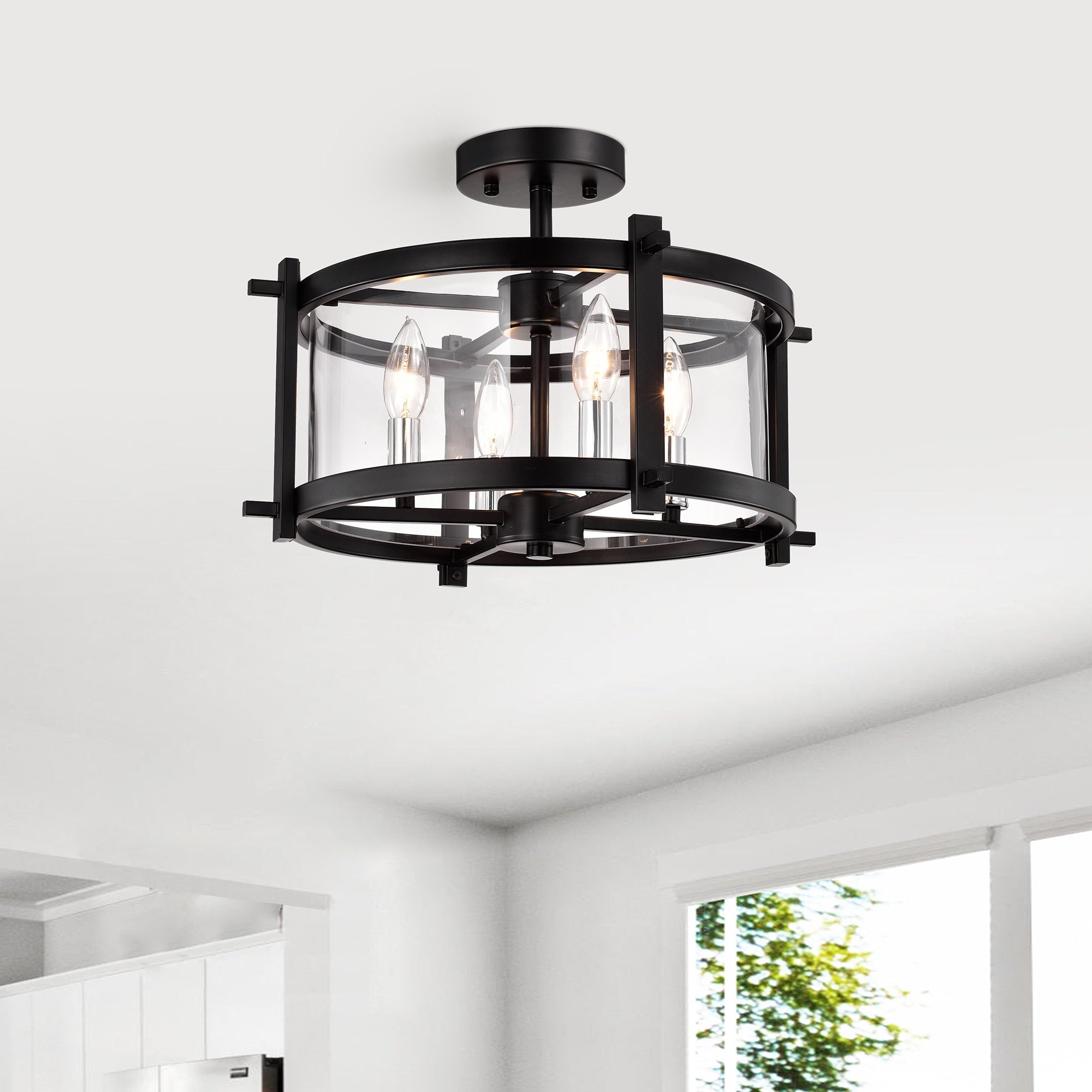 Sania Matte Black 4 Light Caged Clear Glass Shade Semi Flush Mount