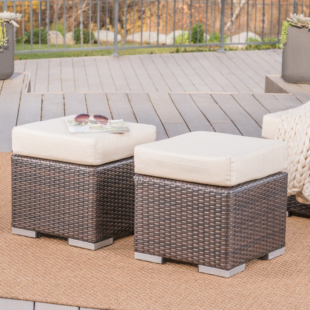 Santa Rosa Outdoor 16 Inch Square Wicker Ottoman With Cushion Set Of 2 By Christopher Knight Home