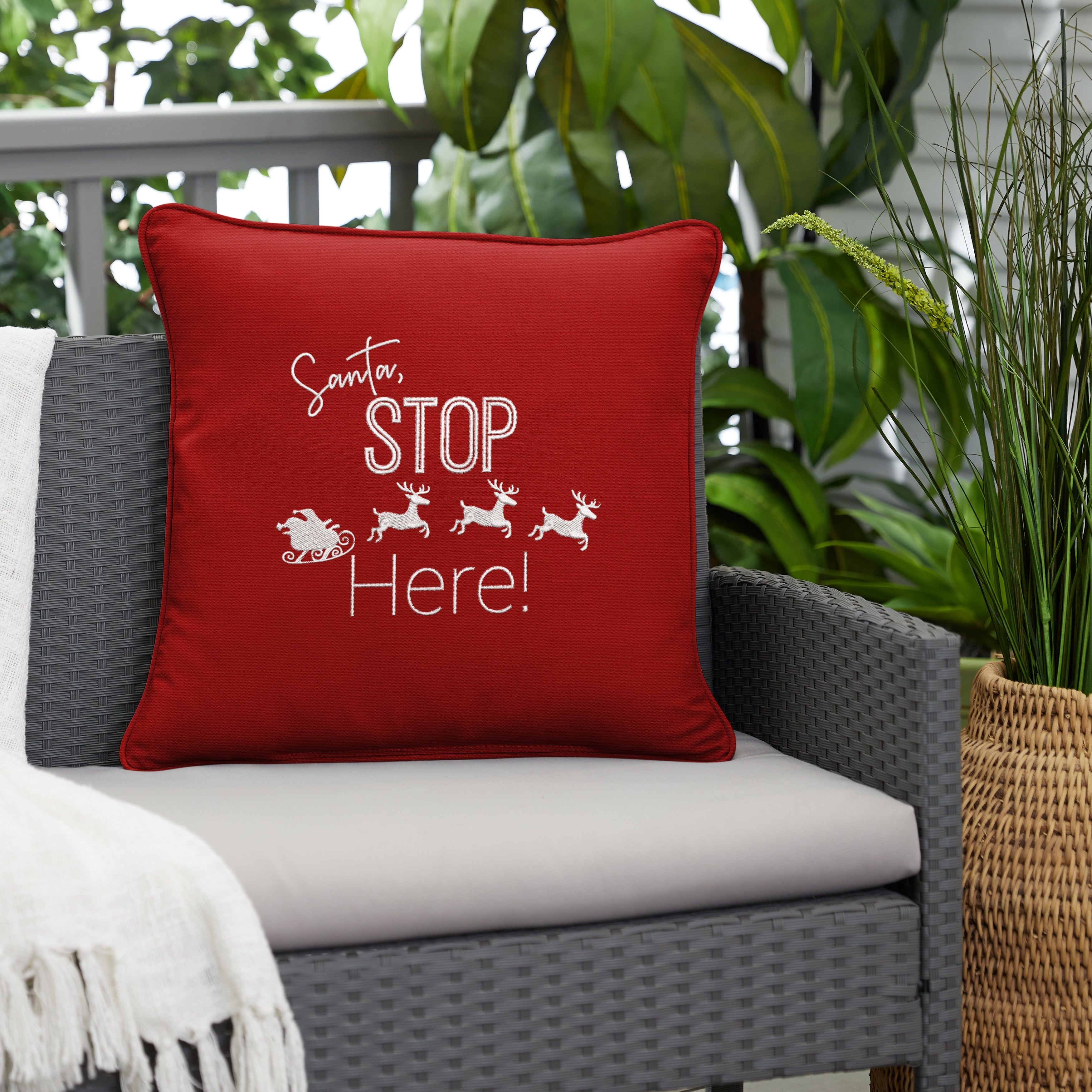 Santa Stop Here Sunbrella Canvas Jockey Red Indoor Outdoor Pillow