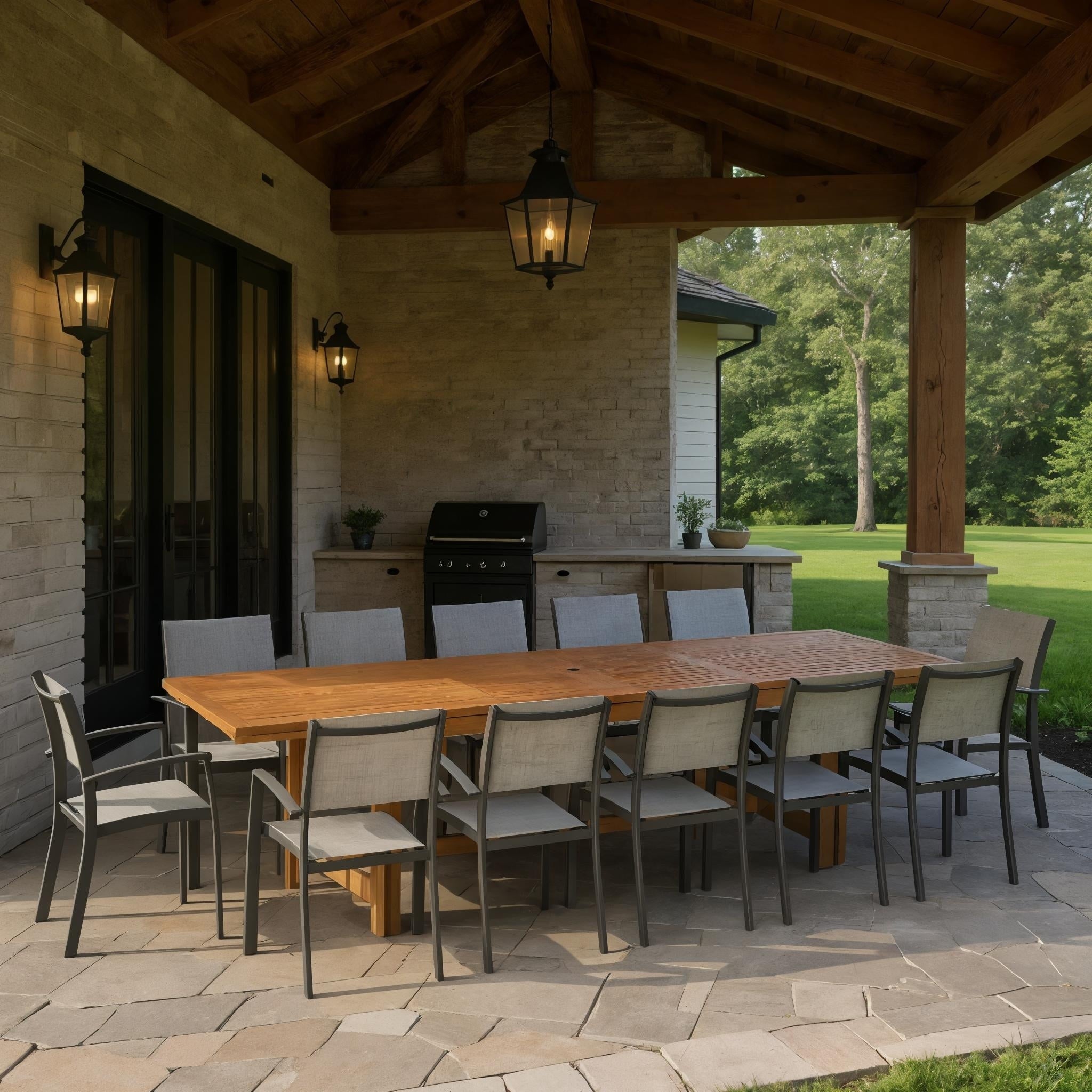 Sara 13 Piece Outdoor Rectangular Extendable Dining Table And Chairs Set Teak Finish And Aluminum Ideal For Patio 13 Pc