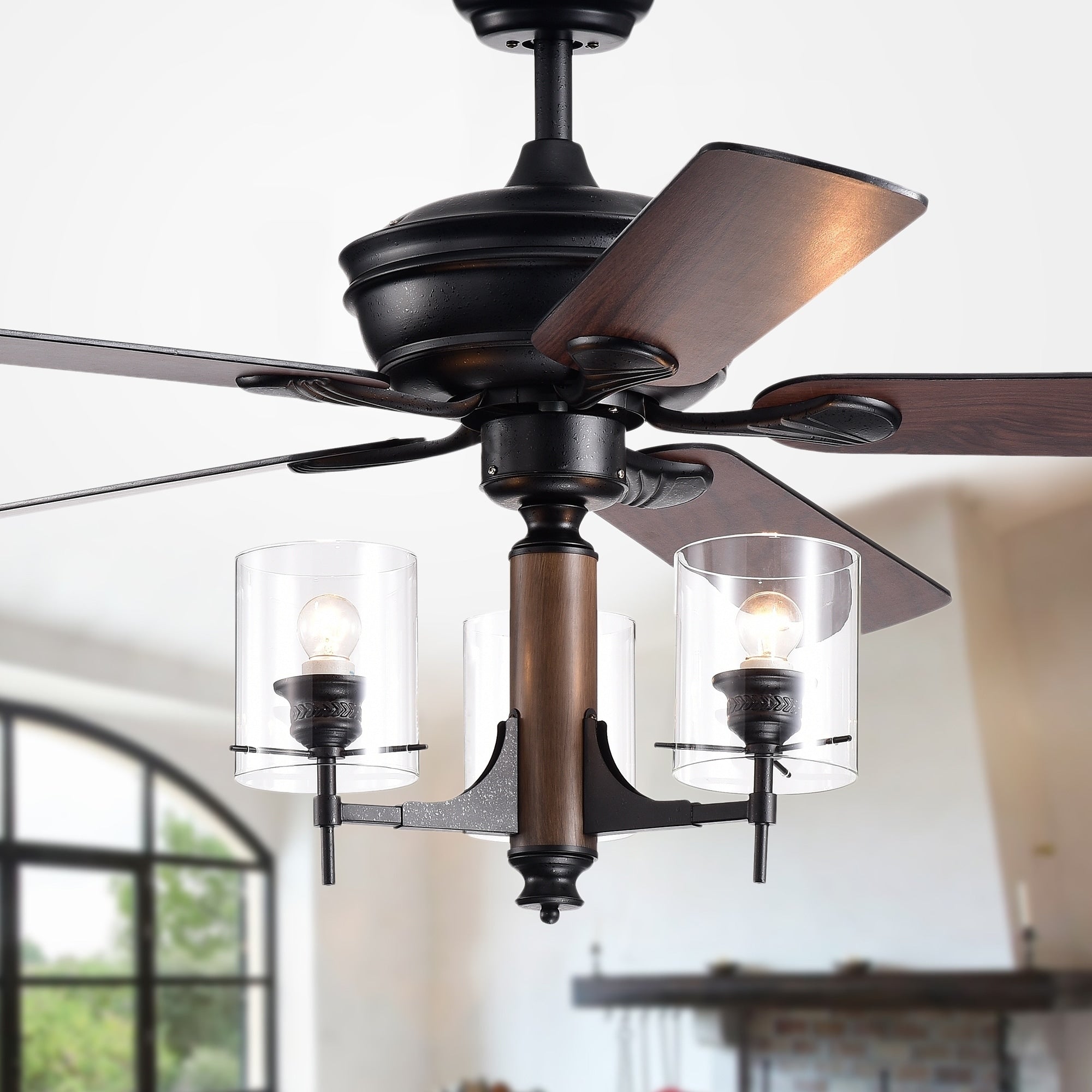 Saranac 5 Blade 52 Inch Forged Black Lighted Ceiling Fans With Clear Pillar Glass Lamps Remote Controlled