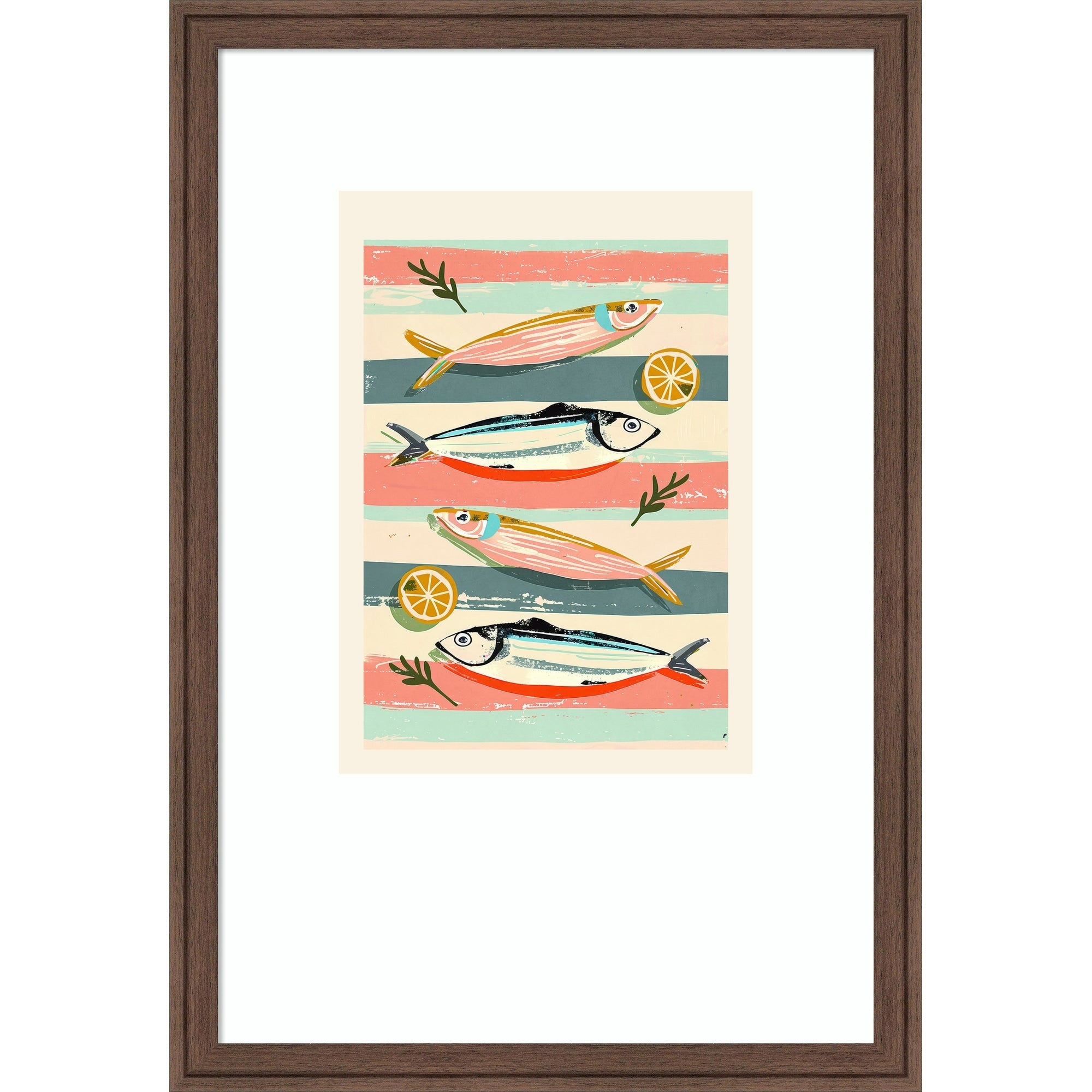 Sardines On Stripes By Nadjaa Wood Framed Wall Art Print