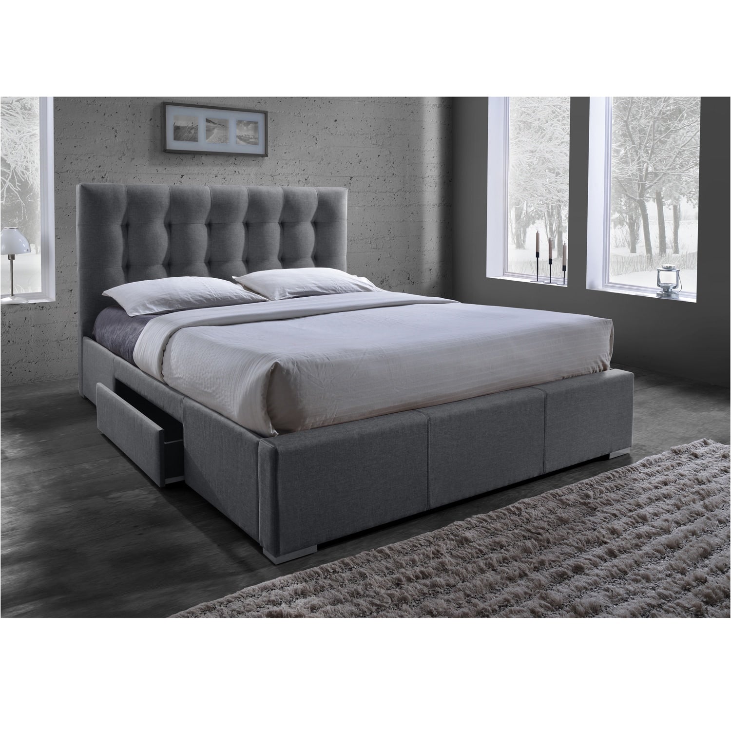 Sarter Contemporary Grid Tufted Grey Fabric Upholstered Storage Bed With 2 Drawer