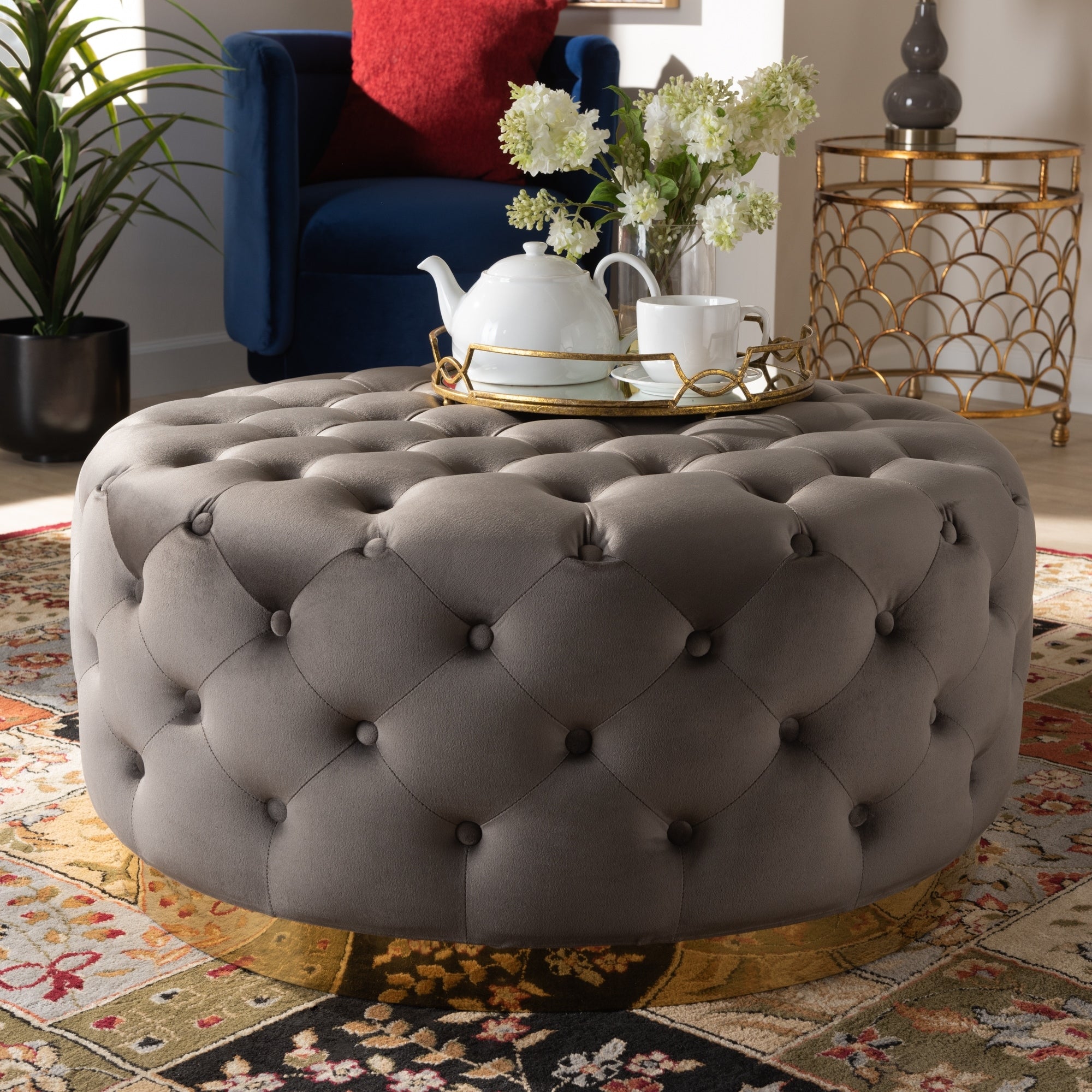 Silver Orchid Glam And Luxe Upholstered Round Cocktail Ottoman