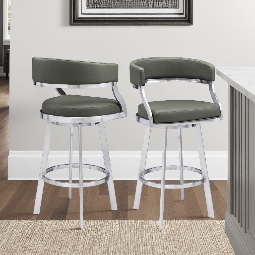 Freddy Contemporary 30 Bar Height Barstool In Brushed Stainless Steel Finish And Grey Faux Leather