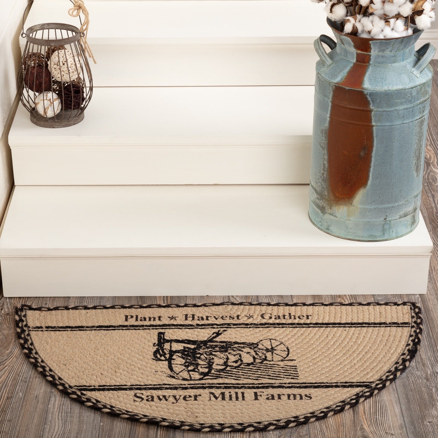 Tan Farmhouse Holiday Decor Vhc Sawyer Mill Plow Rug Jute Graphic Print Stenciled Textured 14.5 X 29