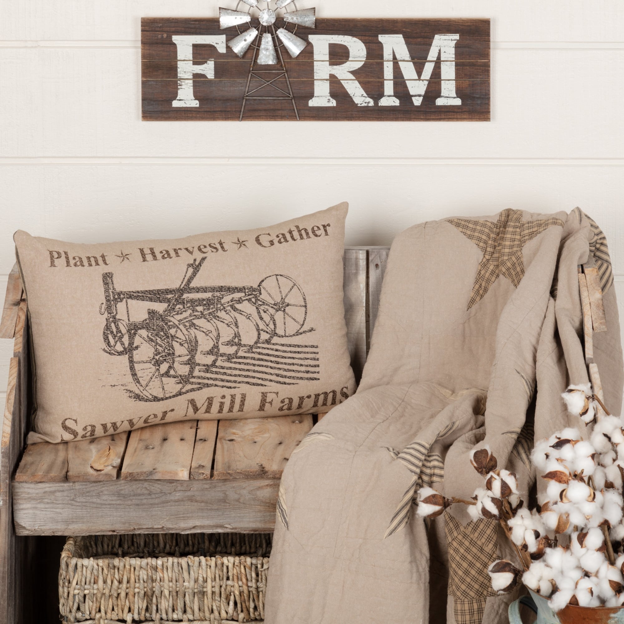 Tan Farmhouse Holiday Decor Vhc Sawyer Mill Plow 14X22 Pillow Cotton Graphic Print Stenciled Chambray