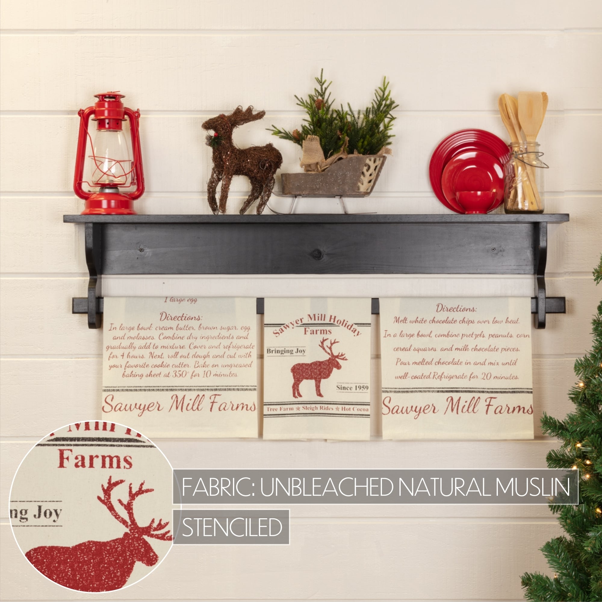 Sawyer Mill Holiday Reindeer And Recipes Unbleached Natural Muslin Tea Towel Set Of 3 19X28 Tea Towel 28X19