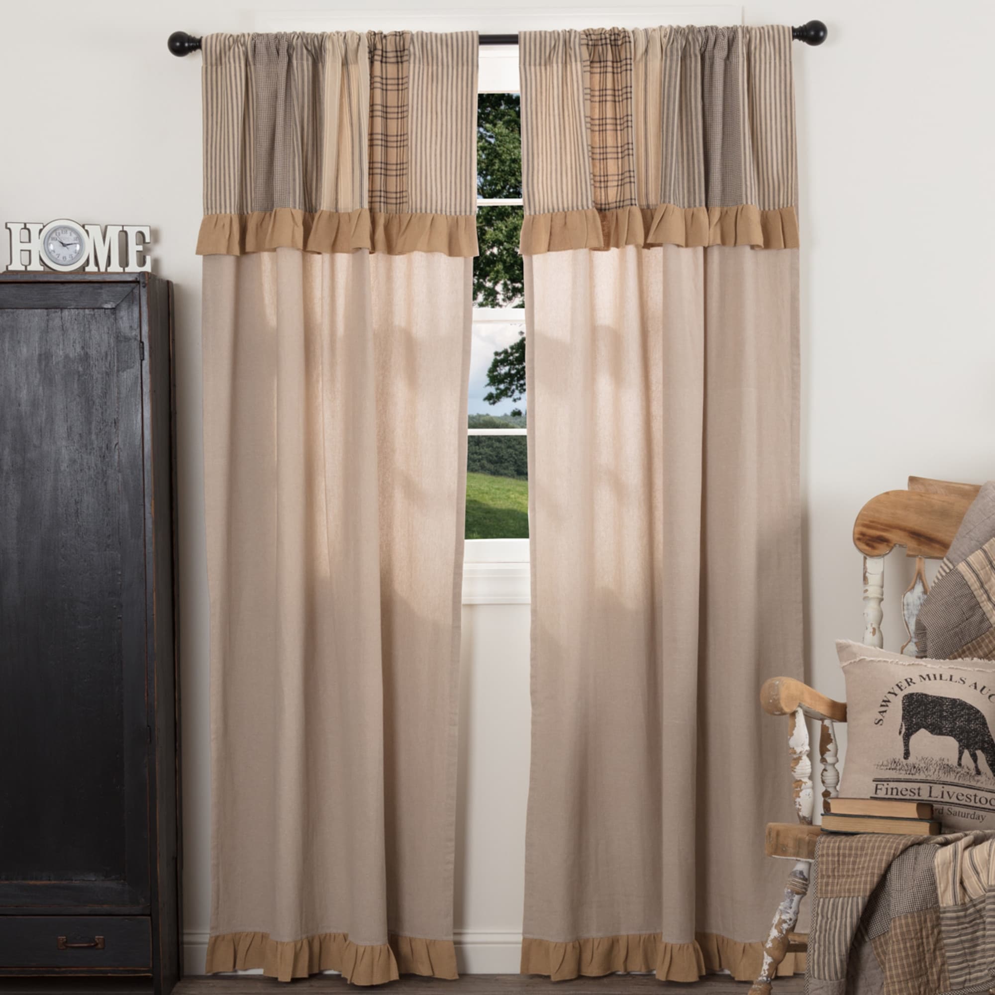 Vhc Farmhouse Country Curtains Sawyer Mill Patchwork Panel With Valance Pair