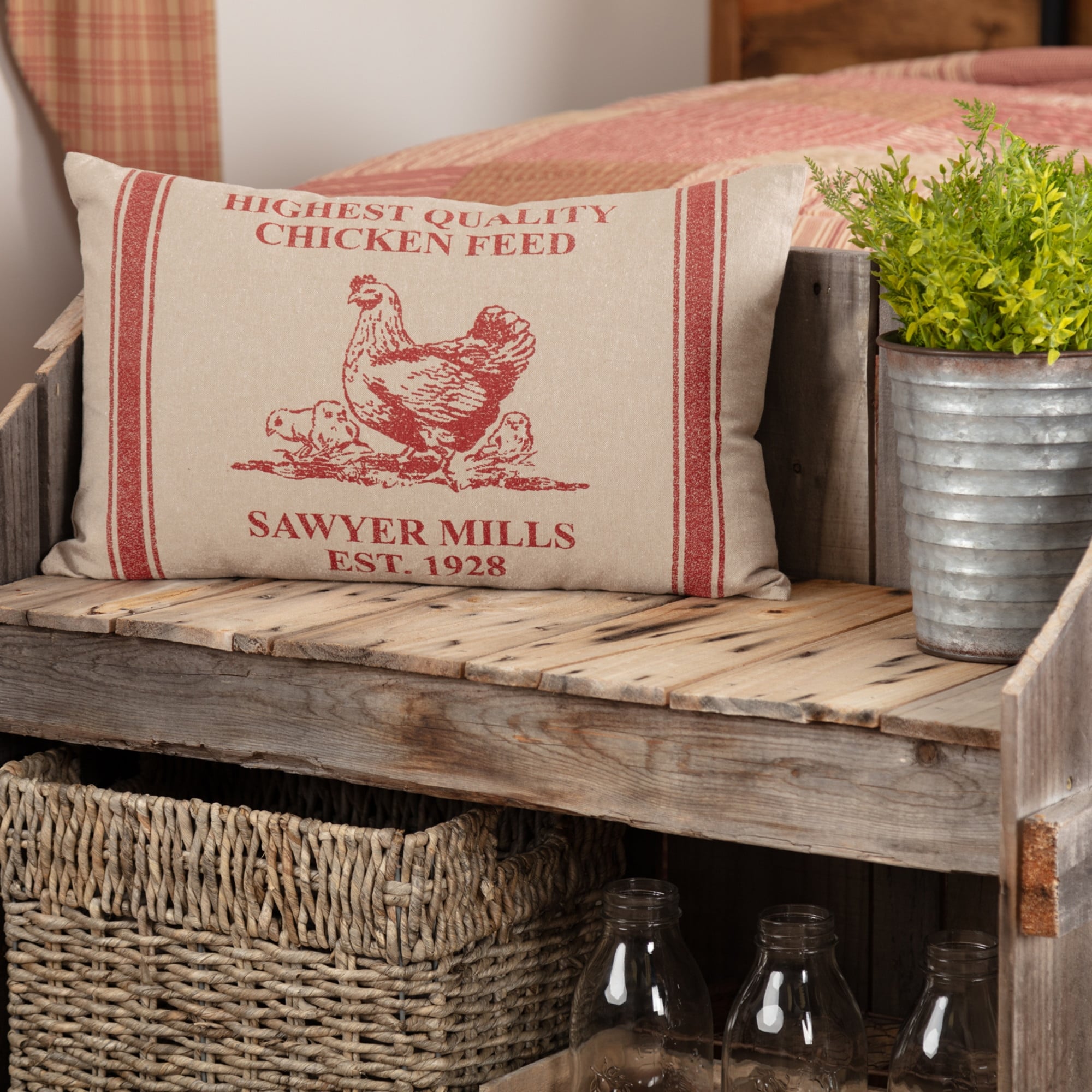 Vhc Brands Red And Tan Cotton Hen And Chicks Accent Pillow