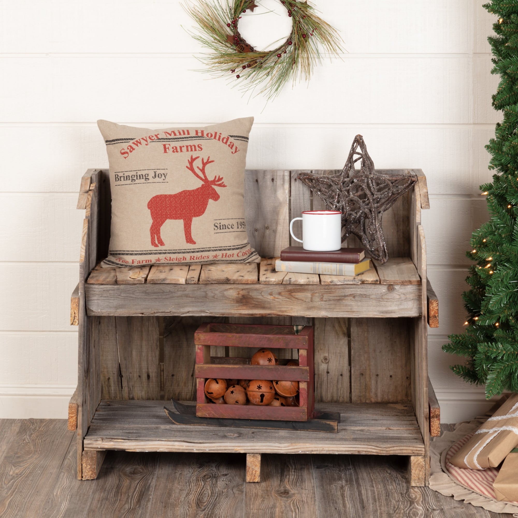 Tan Farmhouse Holiday Decor Vhc Sawyer Mill Holidays Reindeer 18X18 Pillow Cotton Text Stenciled Chambray