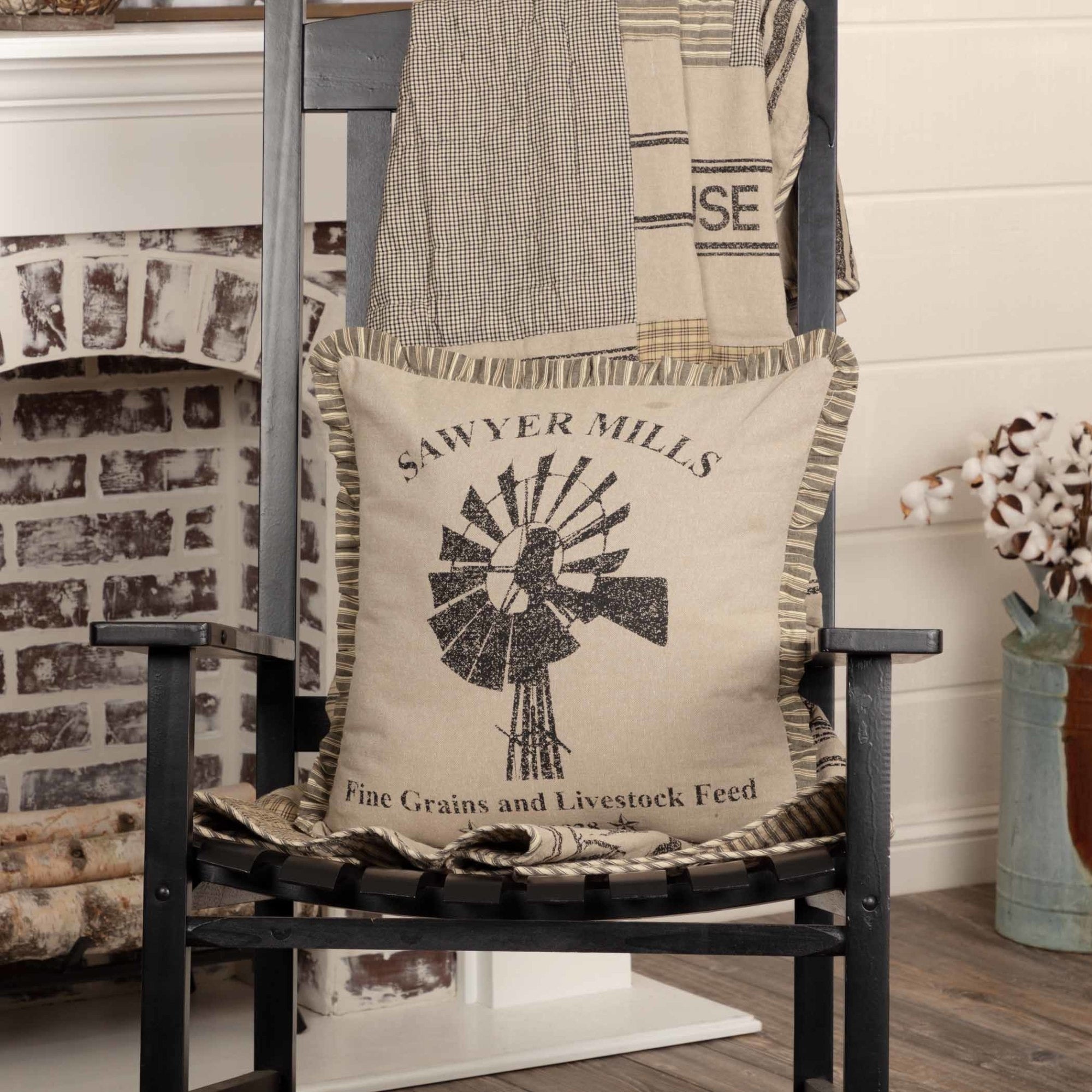 Farmhouse Bedding Miller Farm Windmill 18X18 Pillow Cotton Graphic Print Stenciled Chambray Pillow Cover Pillow Insert Square