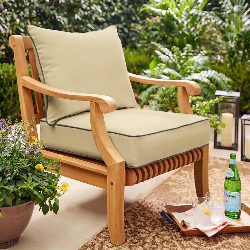 Sawyer Sunbrella Antiqu Beige With Charcoal Cording Indoor Outdoor Chair Cushion And Pillow Set