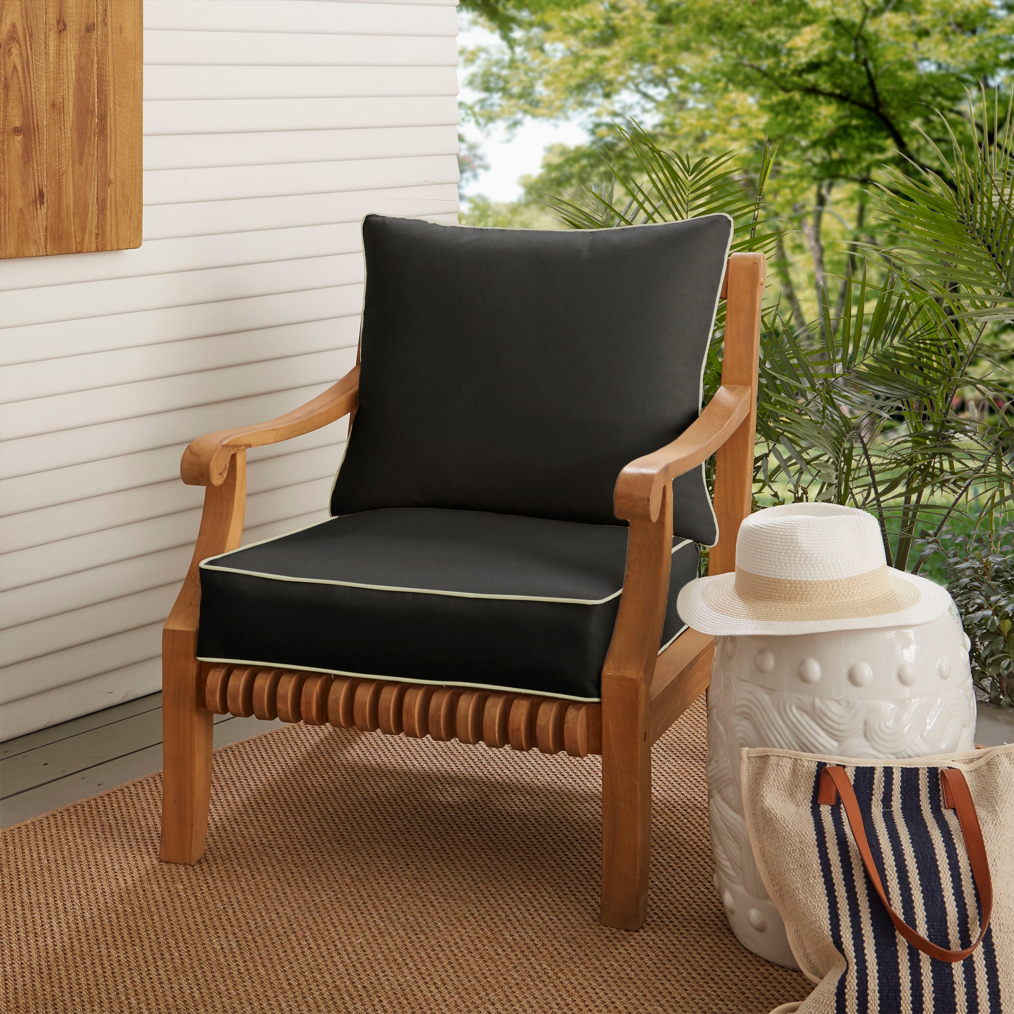 Sawyer Sunbrella Canvas Black With Canvas Cording Indoor Outdoor Cushion And Pillow Set