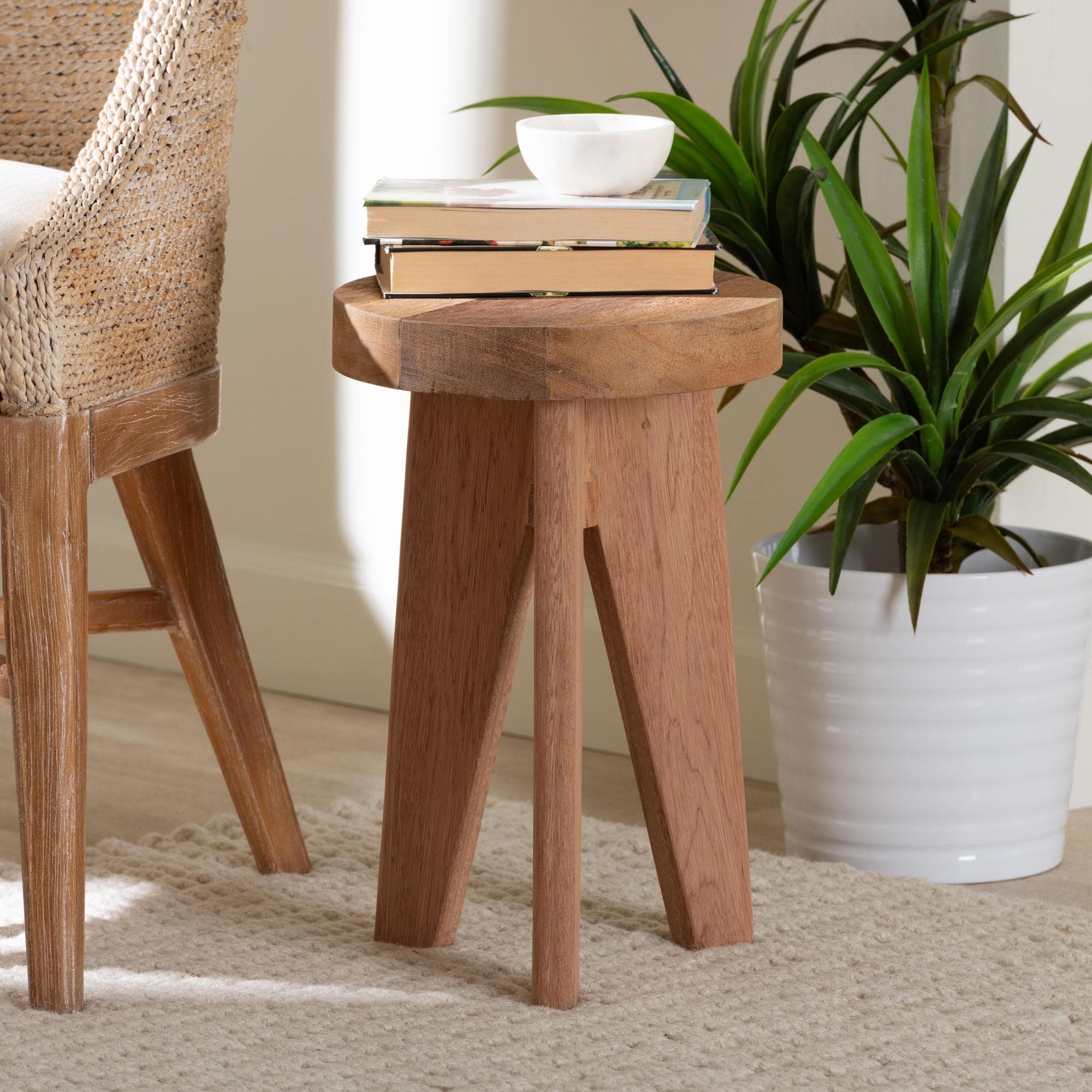 Sayen Acacia Wood Multipurpose Accent Stool Sculptural End Table With Flared Tripod Base For Living Room Or Bedroom