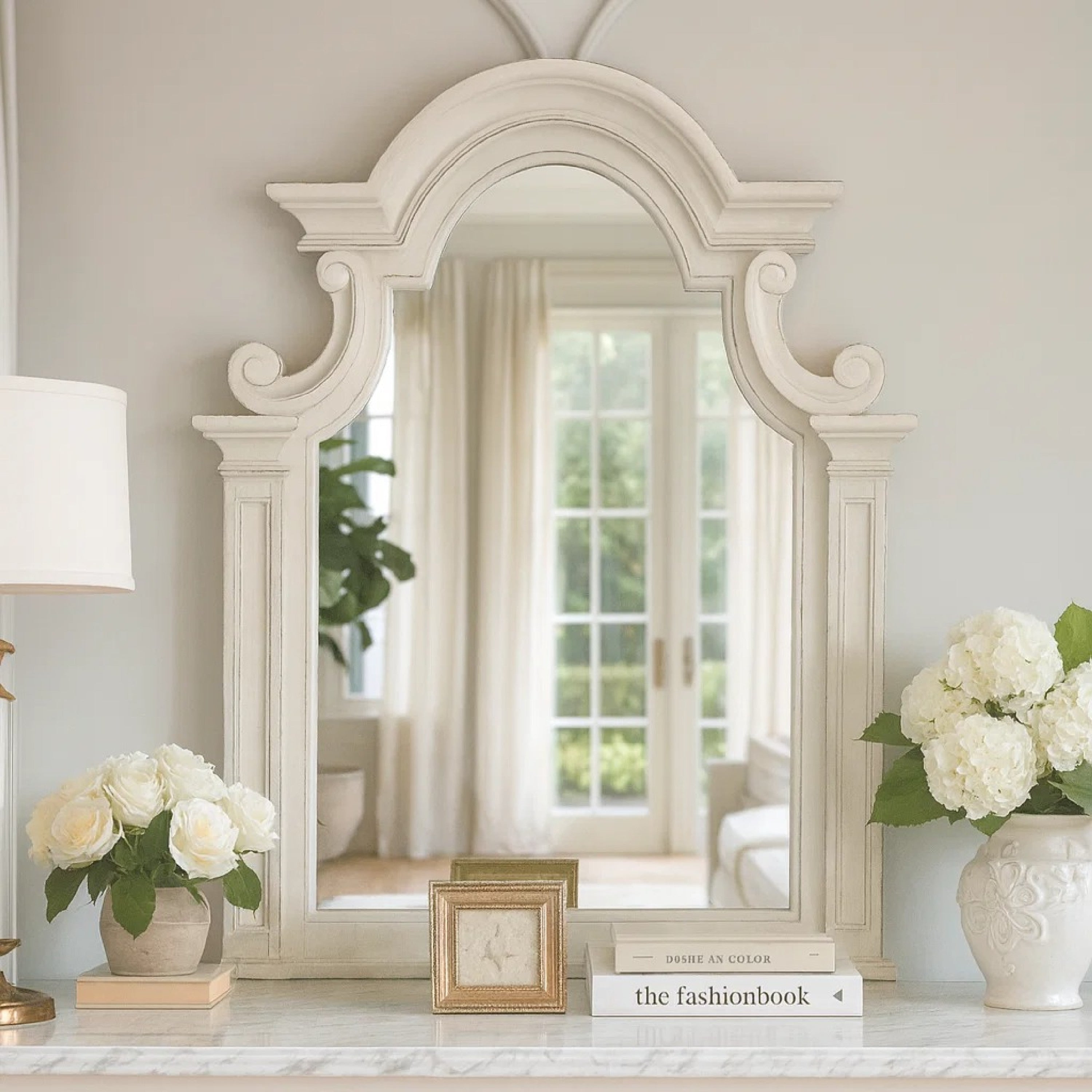 Scalloped Design Wooden Frame Mirror With Distressed Detail White