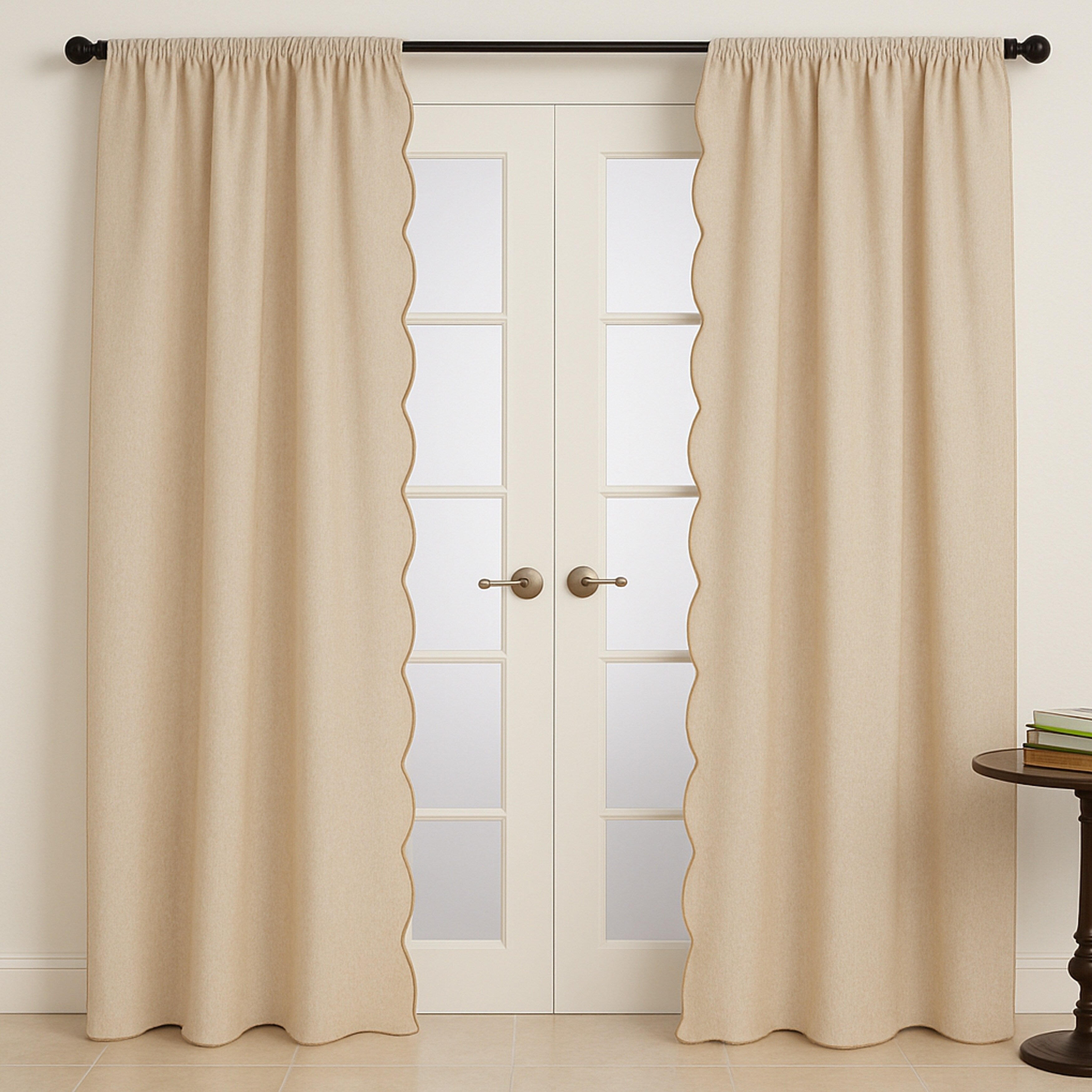 Scalloped Linen Blend Window Curtain Panel Soft Neutral Drapery For Living Room Bedroom French Door Styling