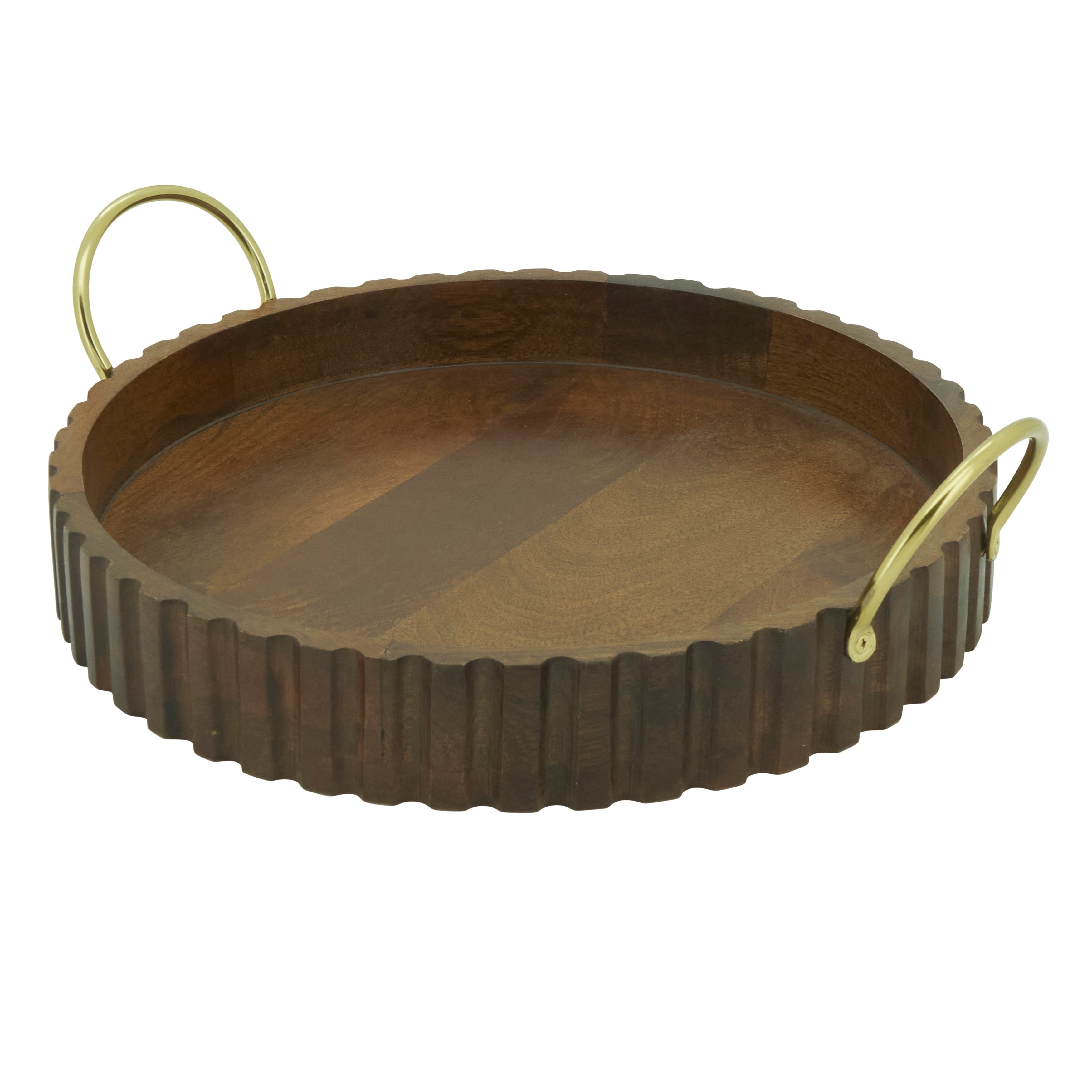 Scalloped Mango Wood Serving Tray With Brass Handles Decorative Round Tray For Coffee Table Bar Entertaining