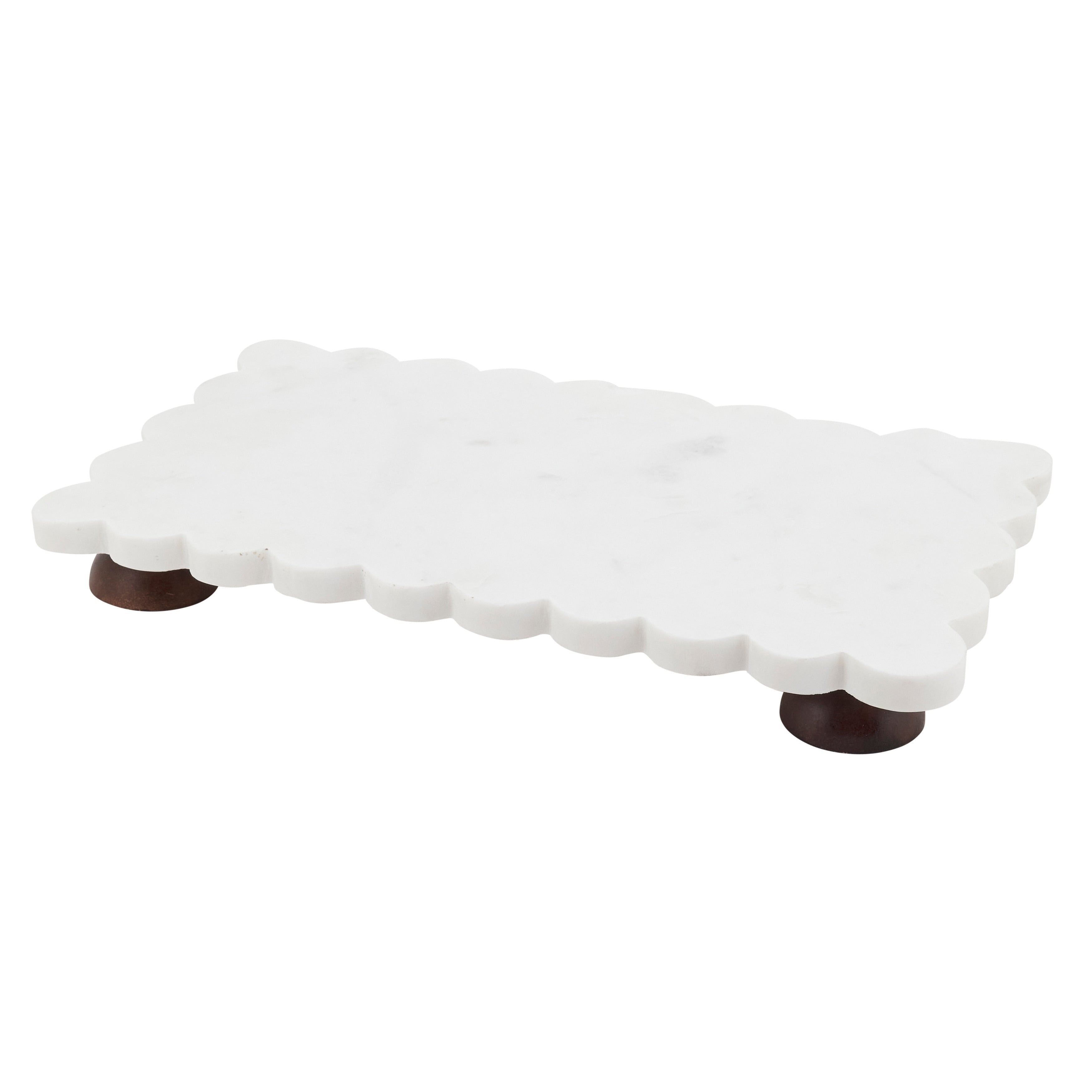 Scalloped Marble Tray With Mango Wood Feet Decorative Display Stand For Kitchen Bath Entertaining 14 X8 X1.5