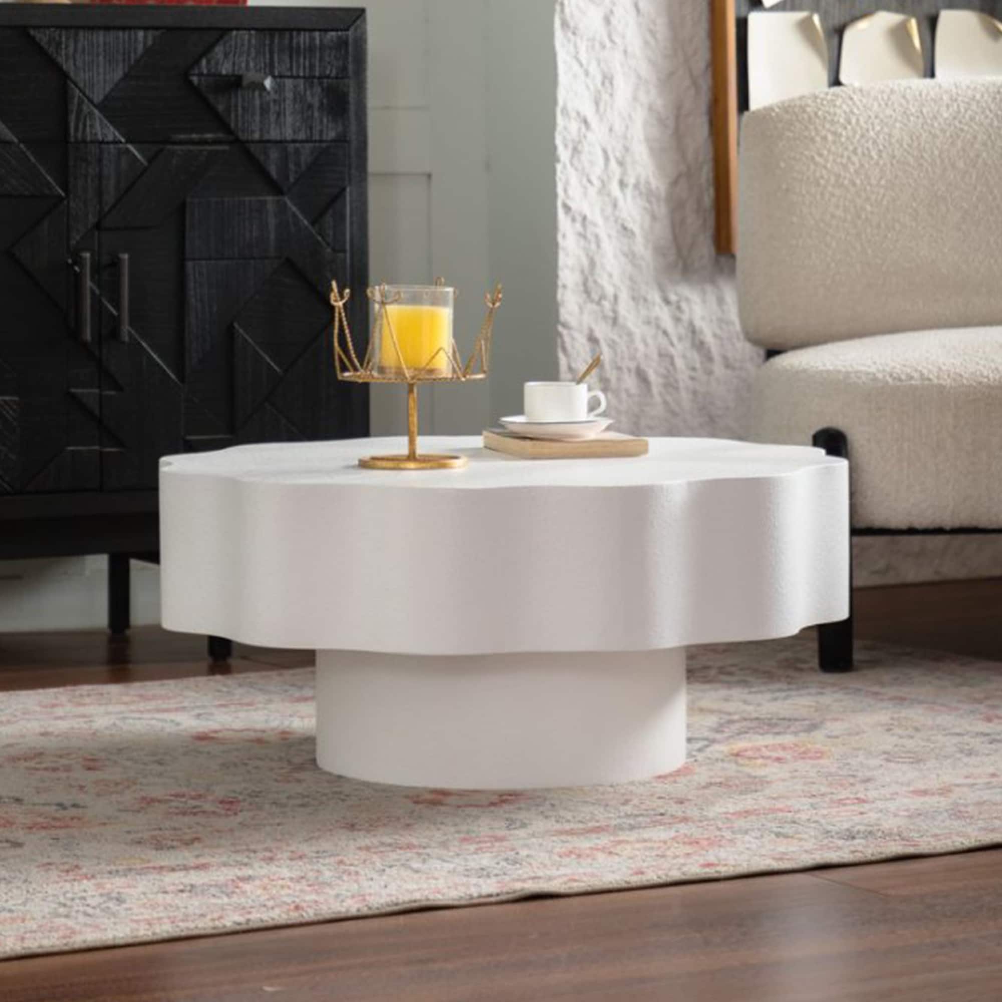 Scalloped White Coffee Table Unique Wave Edge Shape Elegant Focal Piece For Stylish Spaces