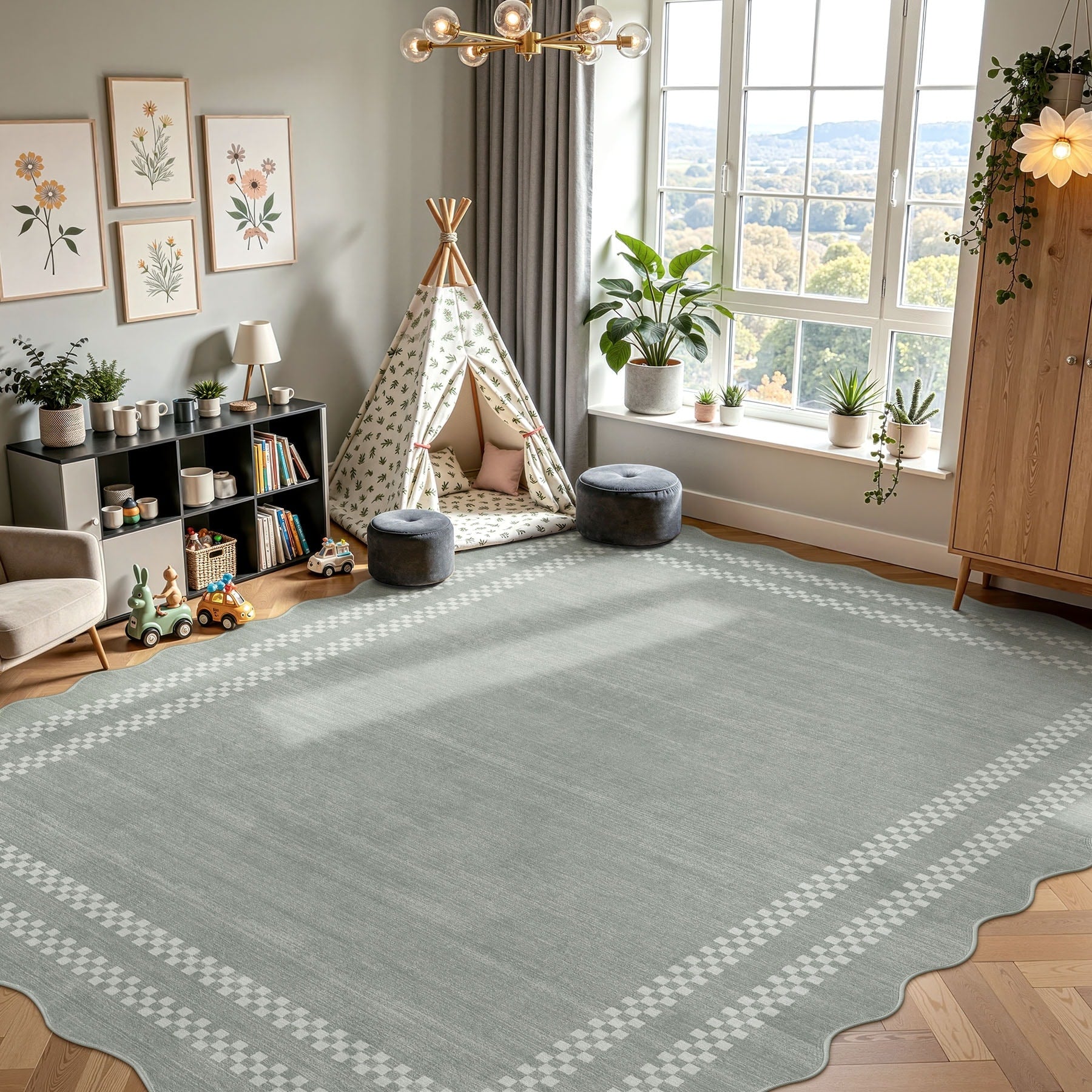 Scalloped Wool Area Rugs 0.2 Inch Thick Washable Non Slip Rugs Oeko Tex Certified