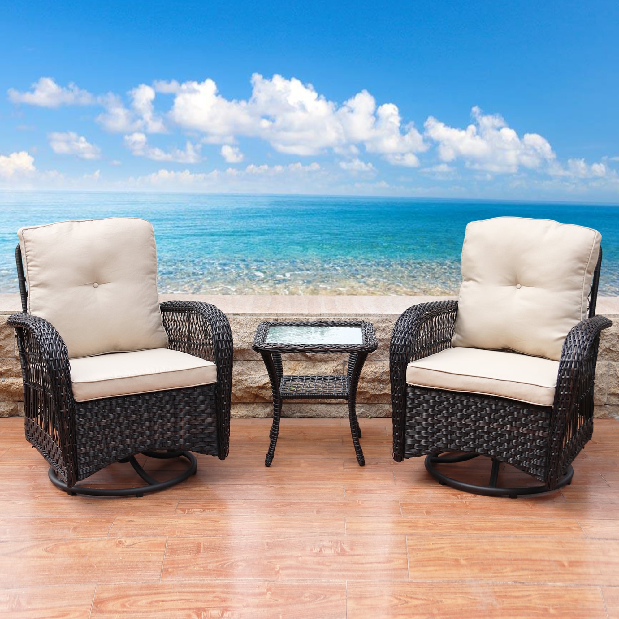 3Pc Wicker Swivel Conversation Set